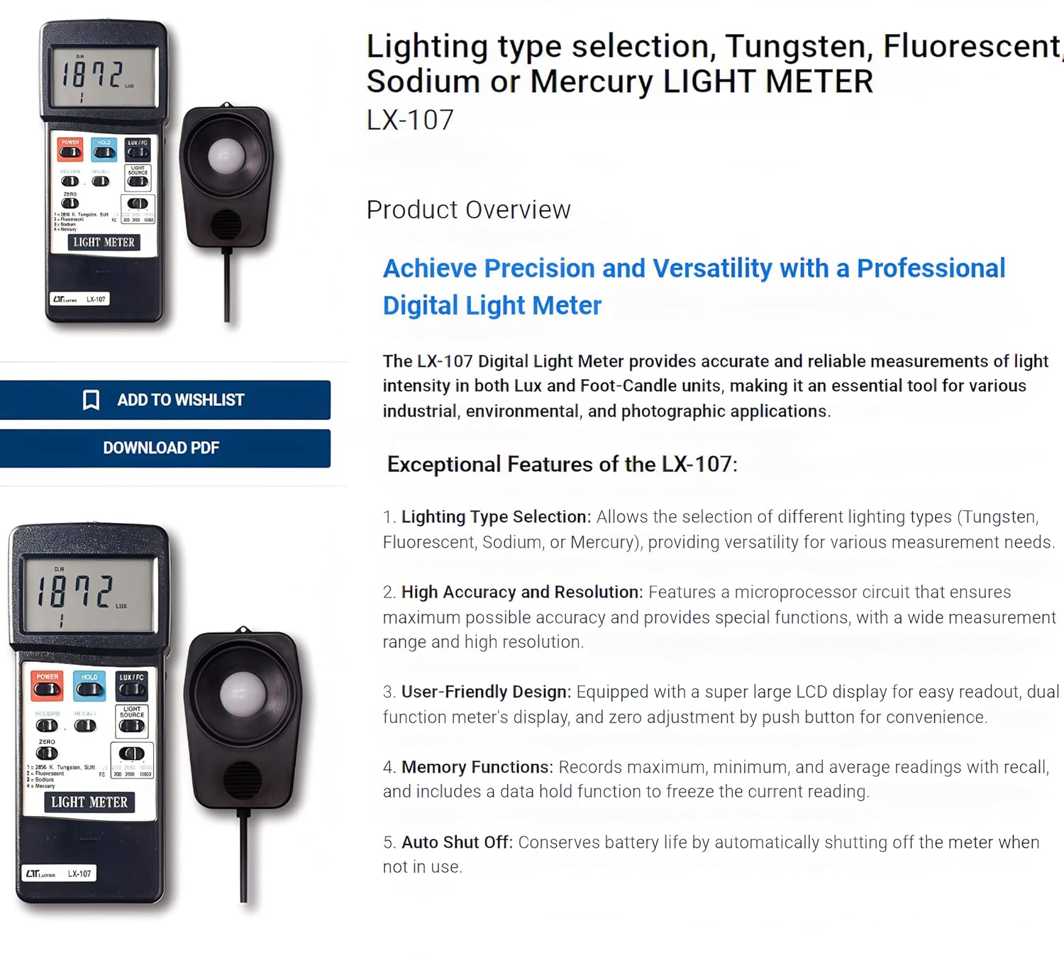 i-POOK LIGHT METER 4 light type LX-107 Digital Lux Meter Photometer Luxmeter Lighting type selection, Tungsten, Fluorescent, Sodium or Mercury 3 Range from 0 to 100,000 Lux Lux Made in Taiwan