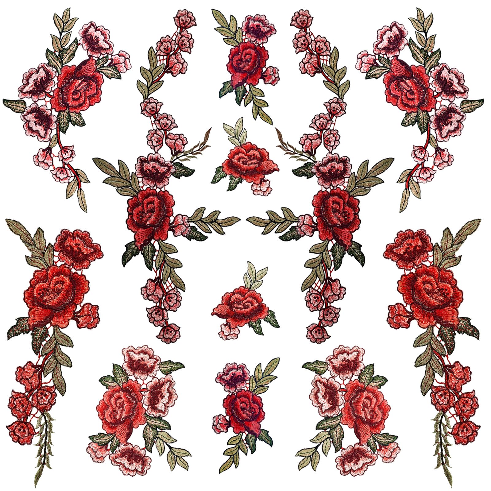 Photo 1 of 12PCS Red Rose Embroidered Flower Applique Peony Flower Sew Iron on Patches Bouquet Boho Sew On Patches DIY Collar Bust Dress Bag Shoes