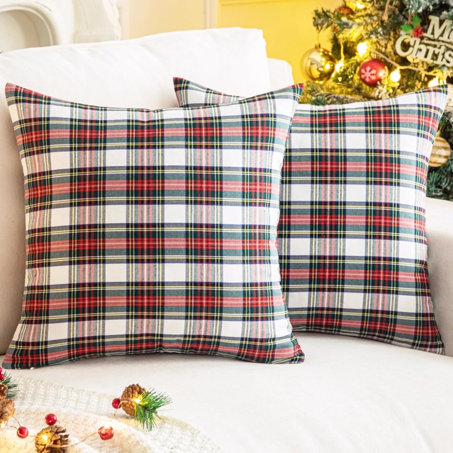 aqothes pack of 2 christmas plaid decorative throw pillow covers scottish tartan cushion case for farmhouse home holiday decor red and white, 18 x 18 inches red and white plaid 18" x 18" (pack of 2)