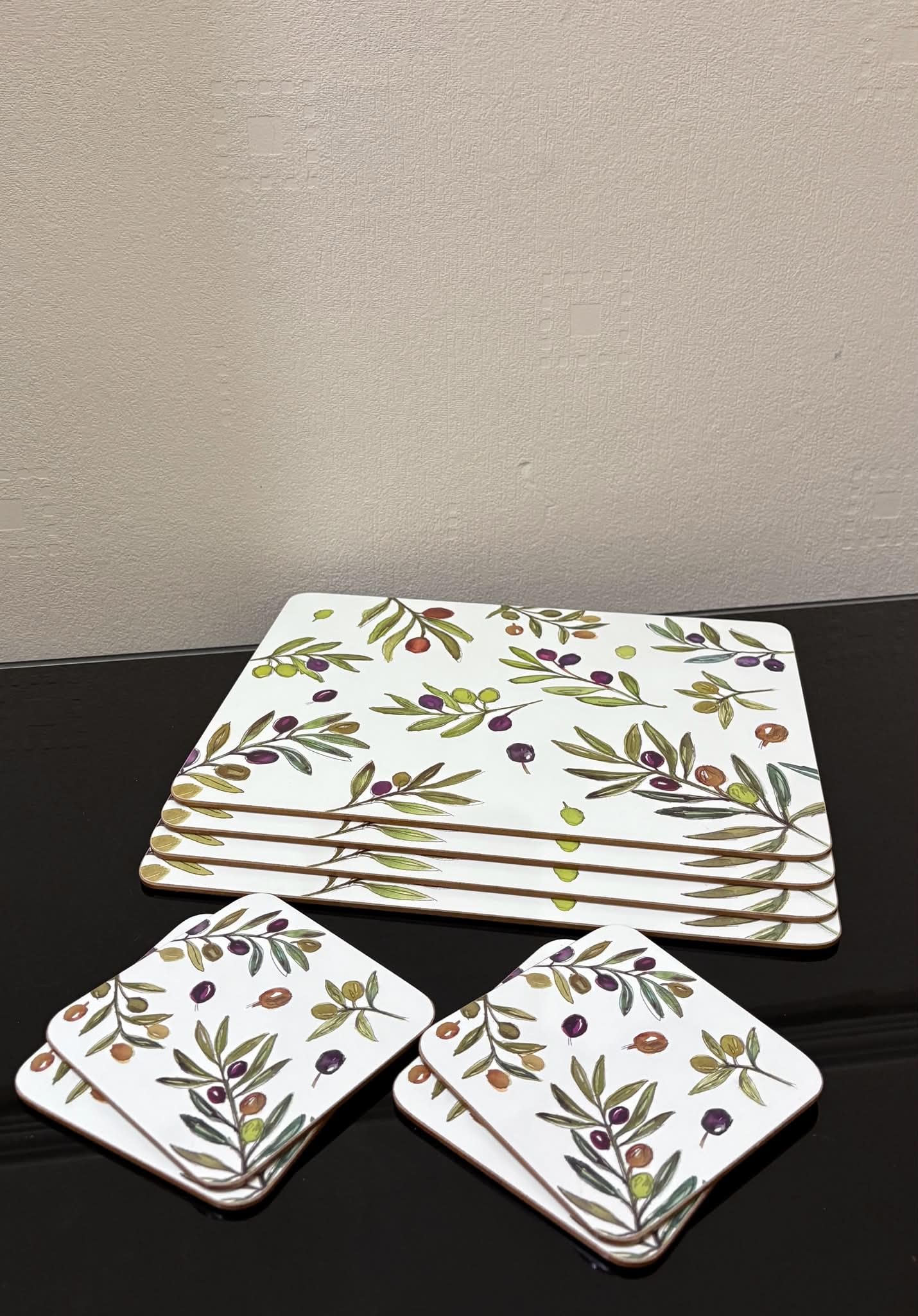 Luxury Cork Backed Placemats and Coasters Set of 8 Olive Branch Pattern Dining Table Mats Drink Coasters Heat Resistant Wipe Clean Table Protectors