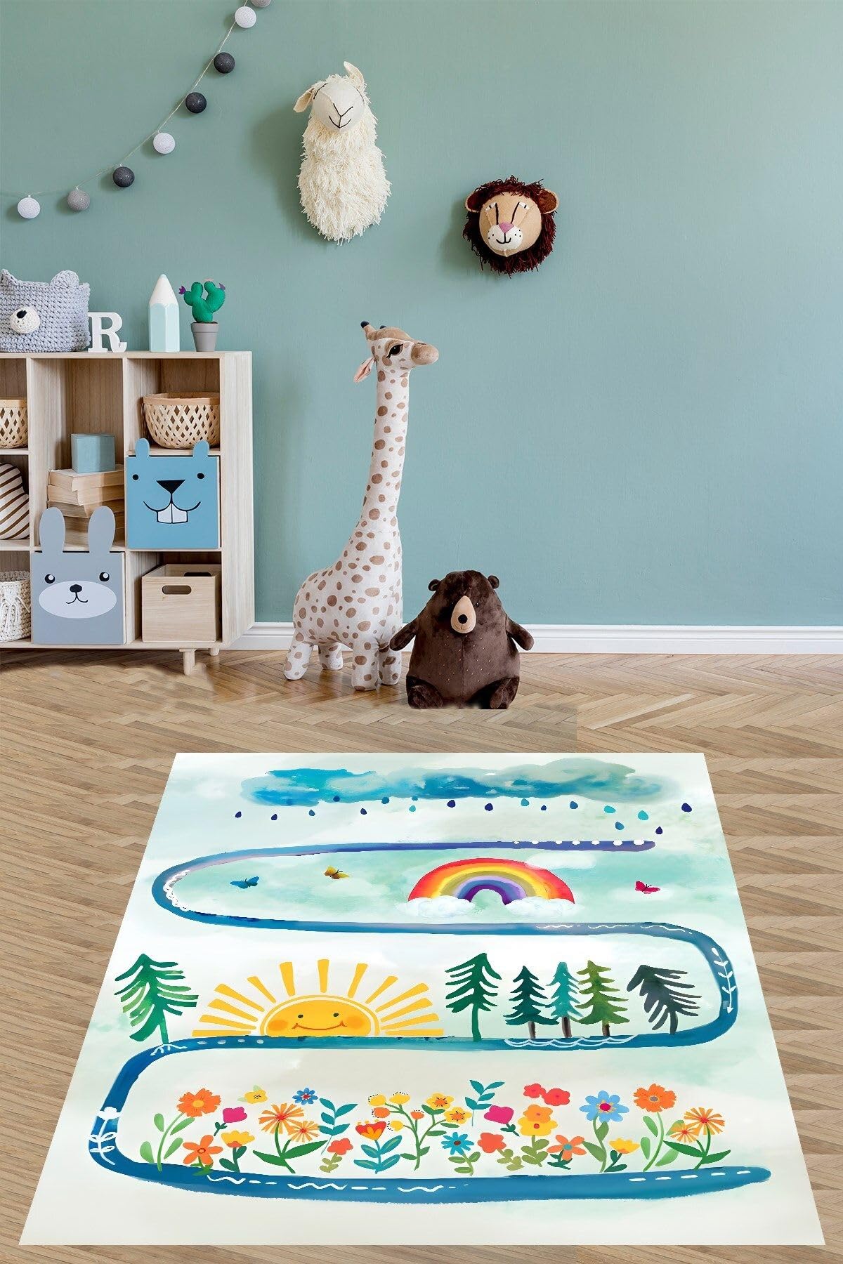 Pelangi Bulut Gökkuşağı Güneş Renkli Çiçekler Desenli Yıkanabilir Kaymaz Taban Leke Tutmaz Çocuk Odası Halı, Mavi-Yeşil-Sarı 100 x 250, 7642013610025005