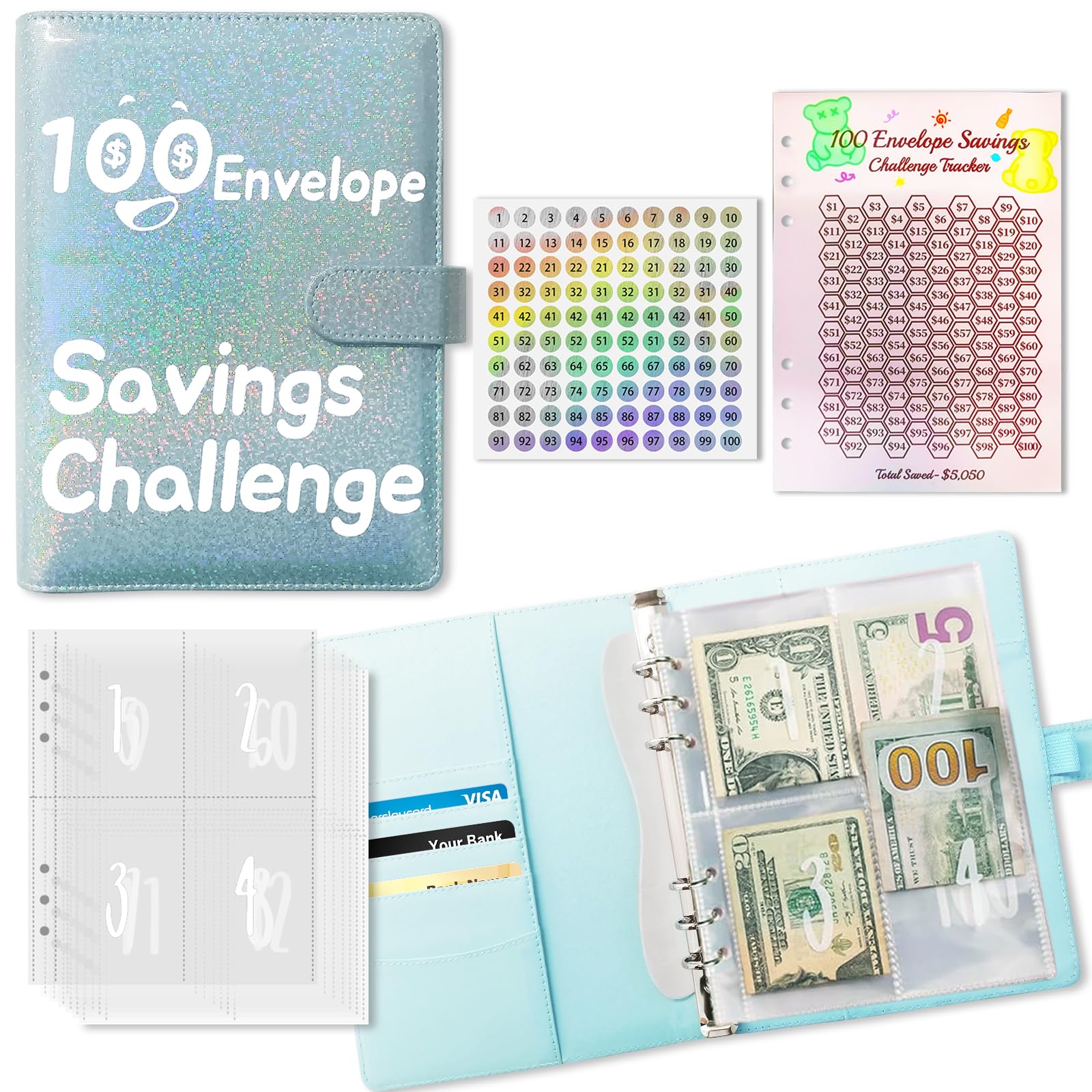 Photo 1 of 100 Envelopes Money Saving Challenge Binder Kit,Savings Budget Book,Easy and Fun Way to Save 5050,A5 Binder Cash Envelopes for Budgeting,Shiny Blue