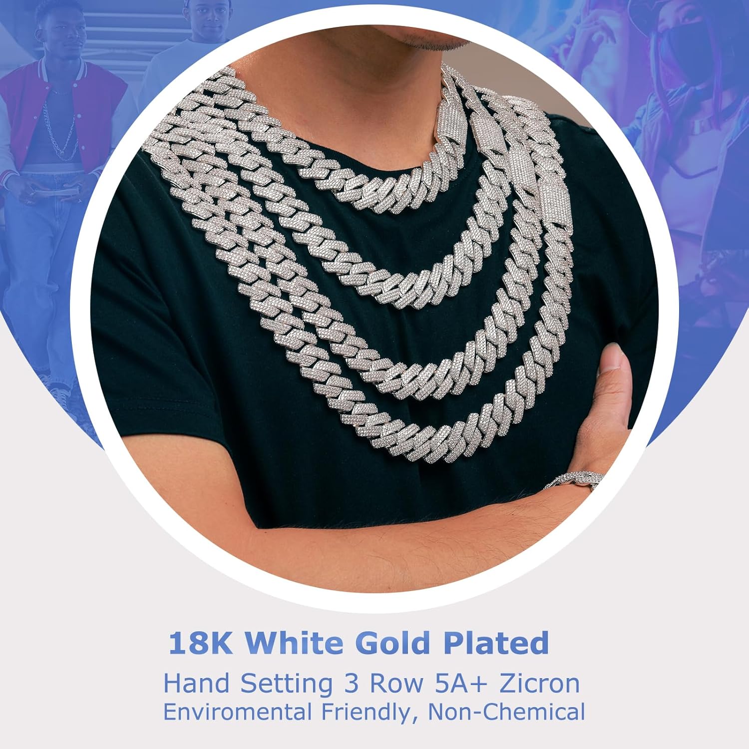 Miniatura 7 de Ucciyo Cadena de eslabones cubanos de 0.787 in para hombre, cadena chapada en oro de 18 quilates, collar cubano de zicrón 5A+ con diamantes de