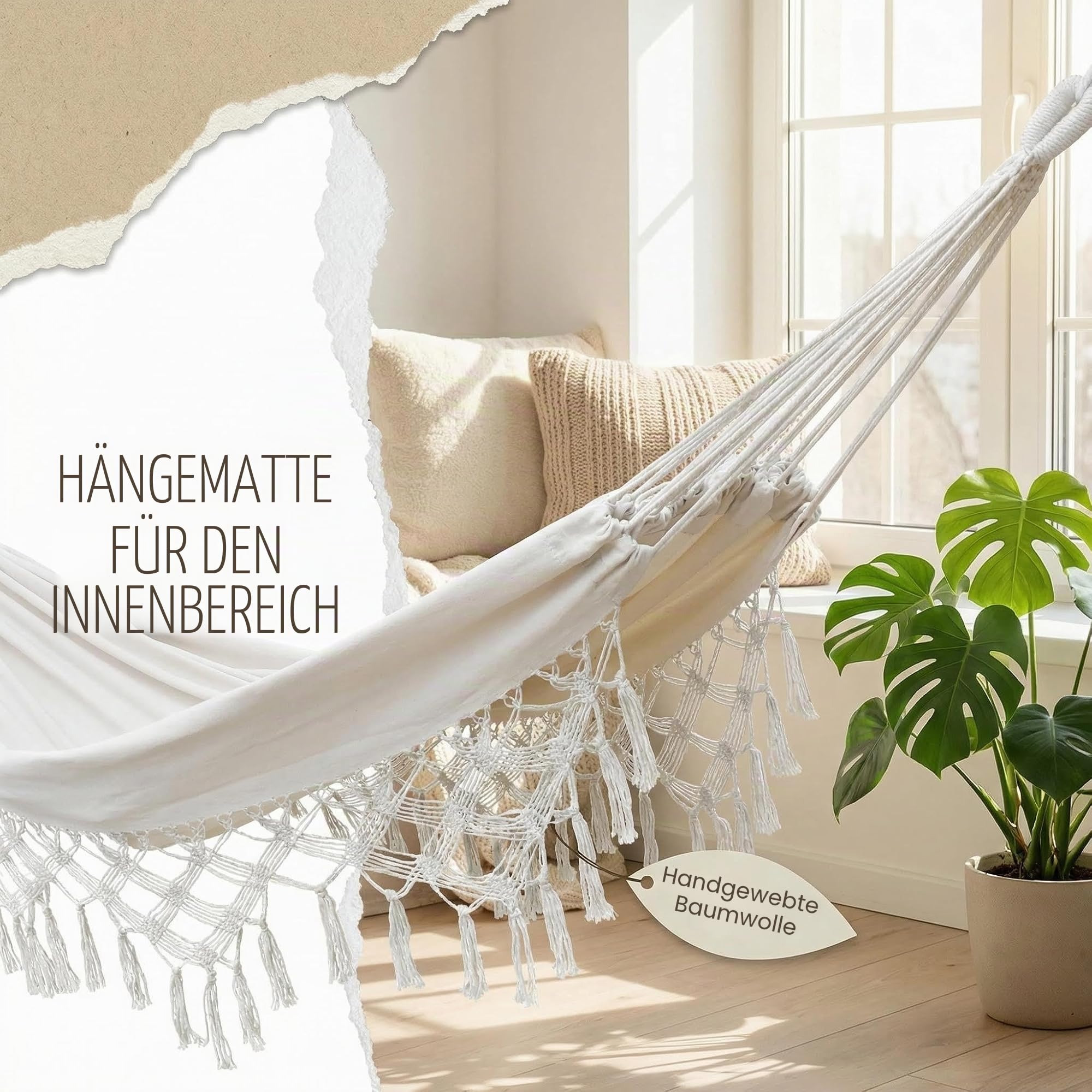 Hängematte für Hause drinnen und draußen Boho Hängematten Makramee DoppelHängematte groß Baumwolle weich für Zwei Personen Terrasse Hinterhof Veranda Rasen und Garten (Weiß,200 cm x 150 cm,200 kg)