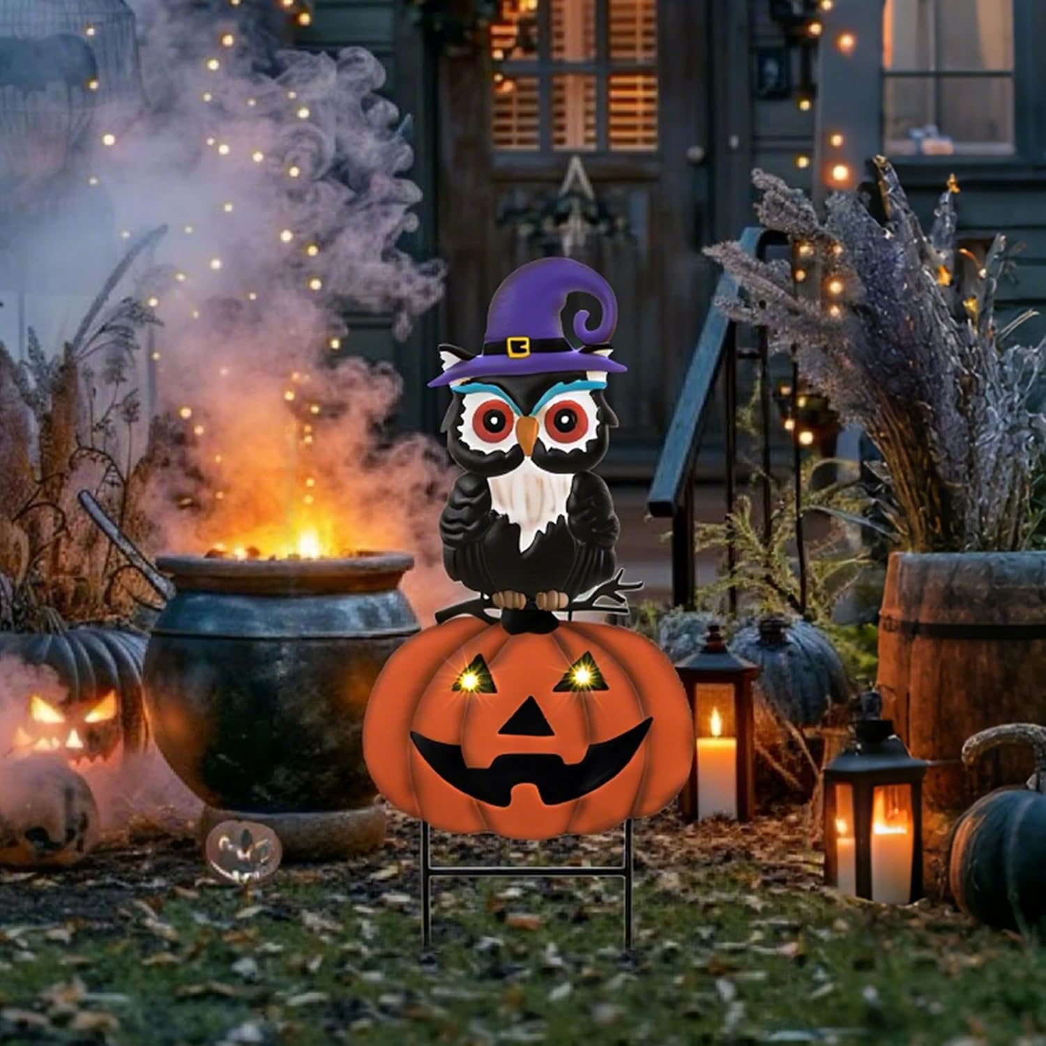 TERESA'S COLLECTIONS Metal Halloween Yard Stakes Decorations for Outdoor, Solar Jack-o-Lantern Pumpkins Garden Stakes for Halloween Party Decor, Purple Yard Sign for Lawn Patio, 27"