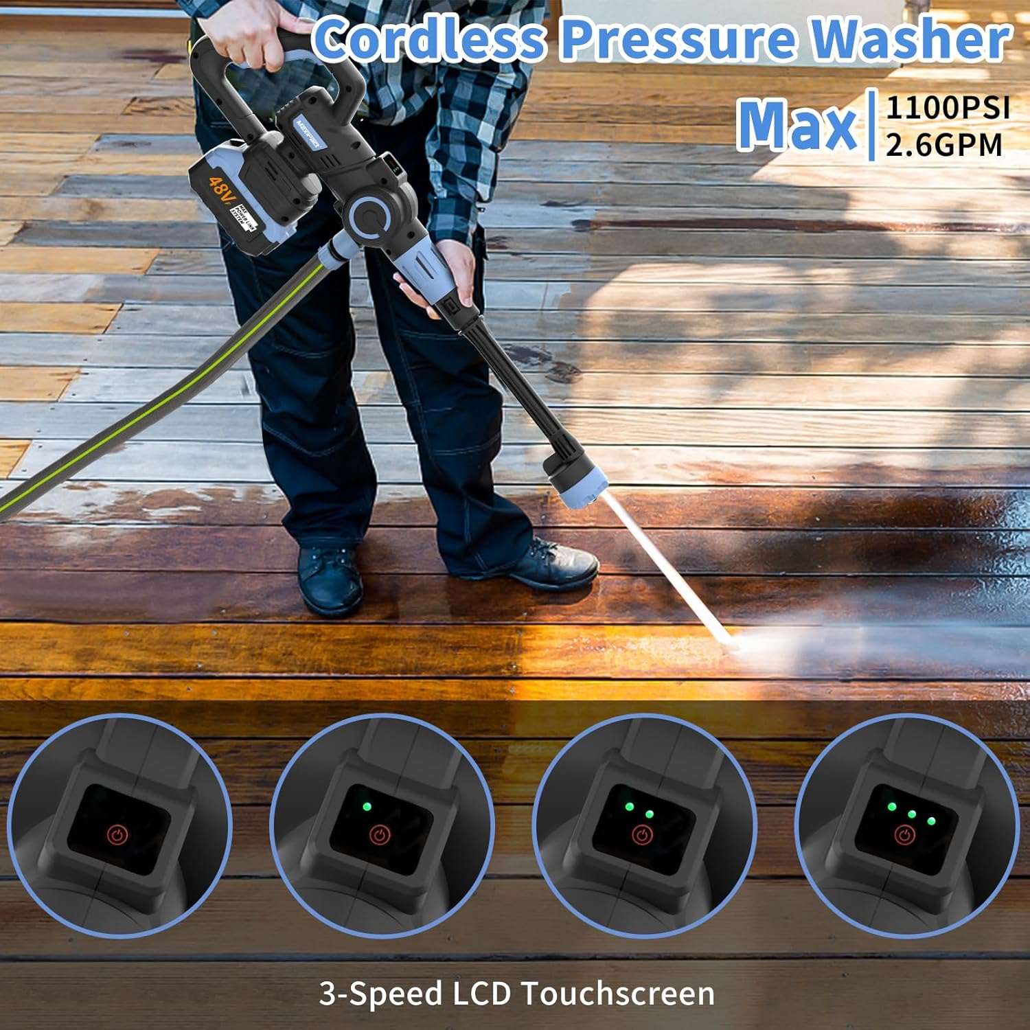 Person using pressure washer with 3-speed LCD touchscreen