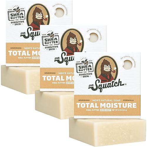 Dr. Squatch NEW Total Moisture Bar Soap for Men - No Added Fragrance Formulated for Sensitive Skin - Shea Butter (5 oz, 3-pack)