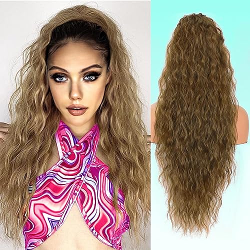 Extensión de cola de caballo de 26 pulgadas, extensiones de cabello largo y rizado con clip, para uso diario en fiestas (26 pulgadas, rubio ceniza