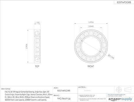 FAG Bearings 7217B-TVP Single Row Angular Contact Ball Bearing, Open, 40 Contact Angle, Polyamide/Nylon Cage, Normal Clearance, Metric, 85mm ID, 150mm OD, 28mm Width, 4500rpm
