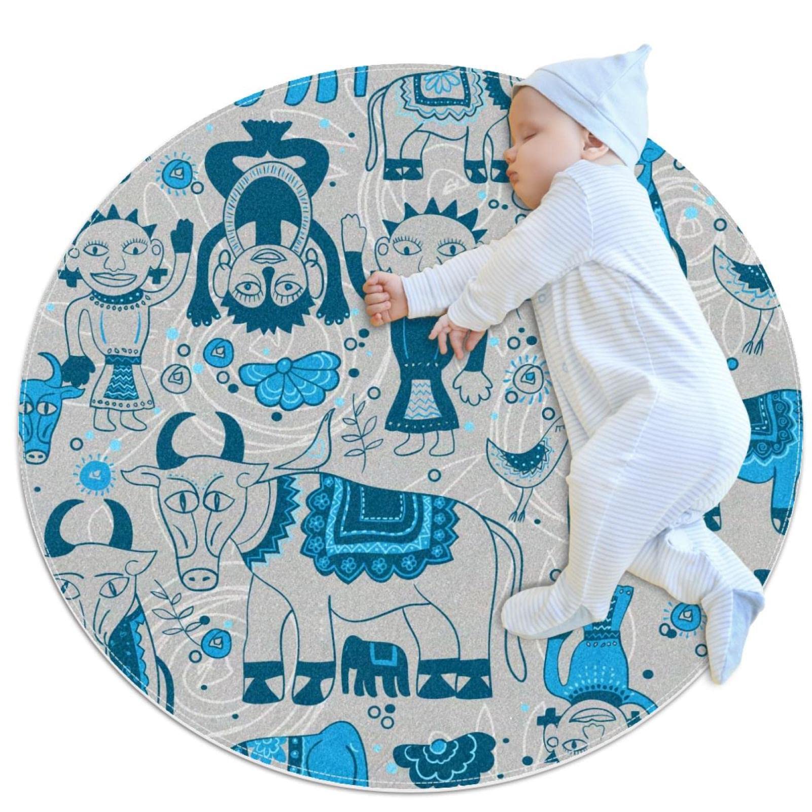 Tapis de salle de bain bleu abstrait homme et vache, paillasson rond antidérapant 1m