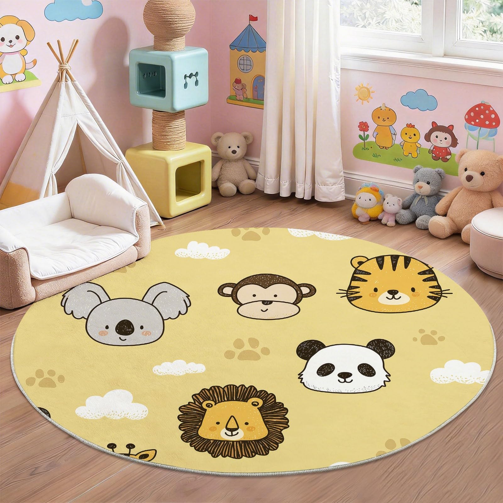 Tapis jaune éveil enfant avec tigre et koala pour des moments de tendresse