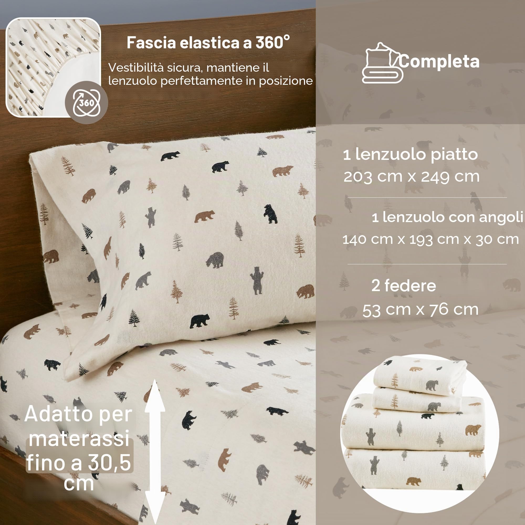 Comfort Spaces Set di lenzuola in flanella di cotone al 100%, ultra morbide e accoglienti, con tasca elastica da 30,5 cm, per materassi fino a 35,6 cm, stampa originale, biancheria da letto in