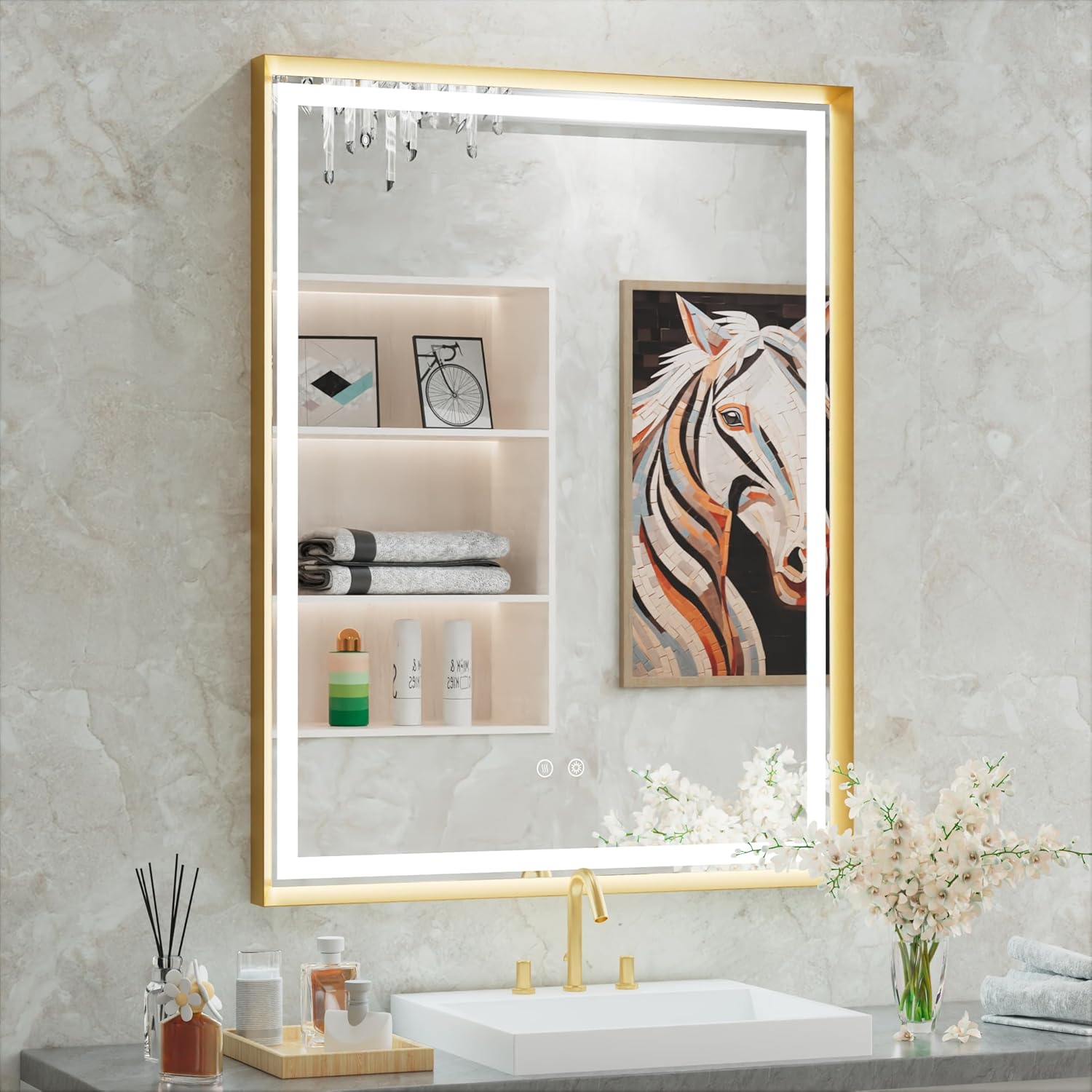 28x36 inch led bathroom mirror with framed,lighted gold frame bathroom mirror,vanity mirror with lights for wall,3000k/4500k/6000k led mirror for bathroom gold 28x36
