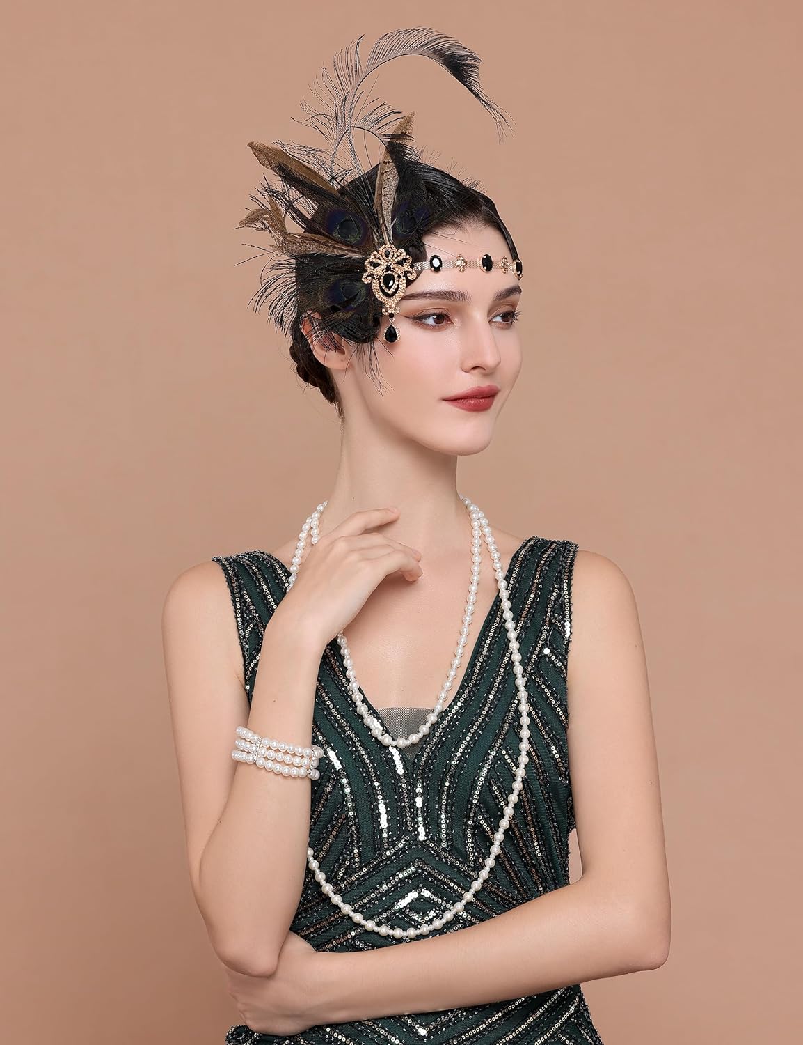 Coucoland Flapper Peacock Feather Headpiece - Great Gatsby 1920s Costumes for Women Roaring 20s Accessories Headband Mask - Image 3