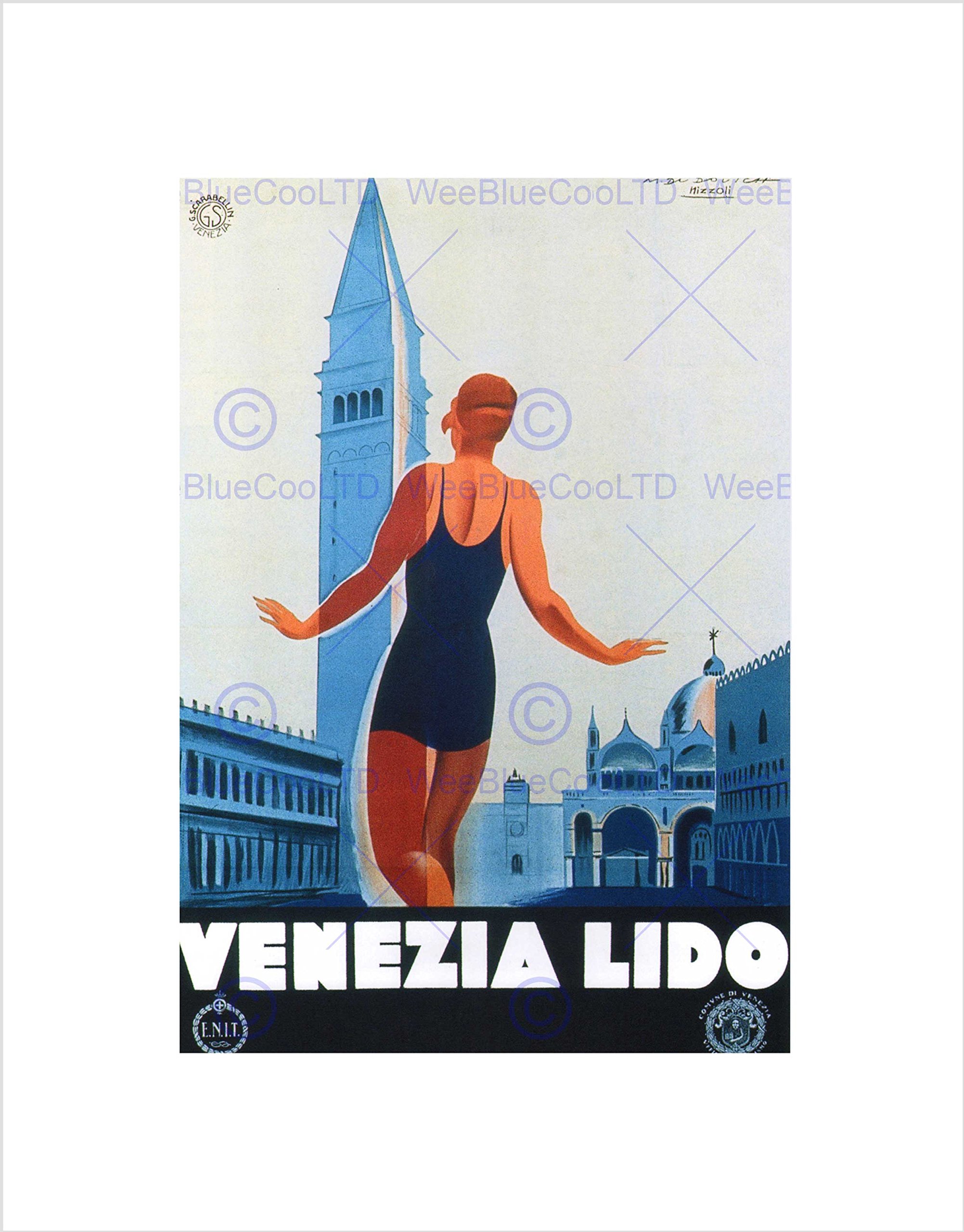 Wee Blue Coo Travel Venice Lido Piazza San Marco Italy Vintage Advert Wall Art Print