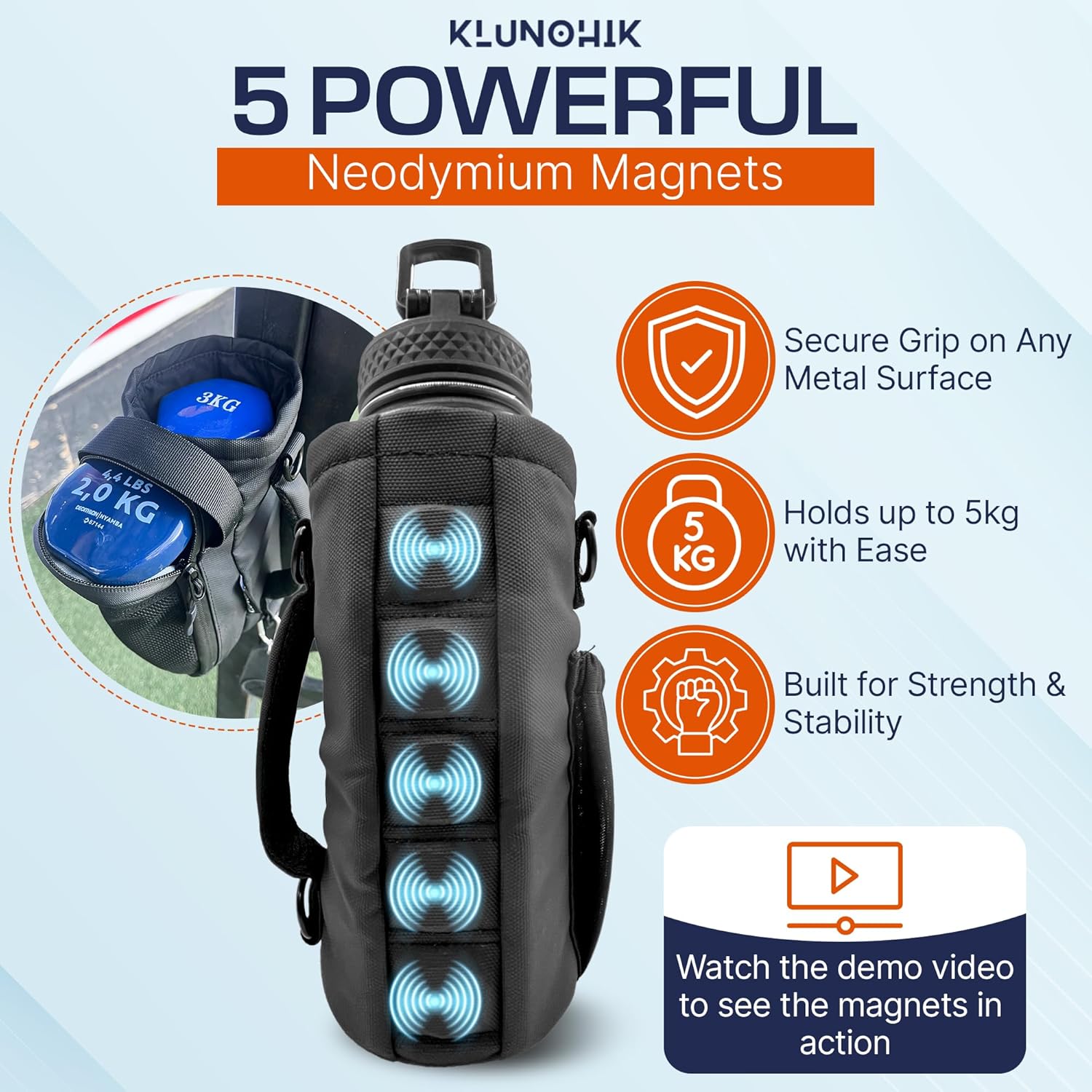 Magnetic Gym Bag with 5 Neodymium Magnets – Waterproof Bottle & Essentials Holder, Fits All Gym Machines – Smart Storage with Mesh Pockets, Key Clasp & Airtag Slot - Image 2
