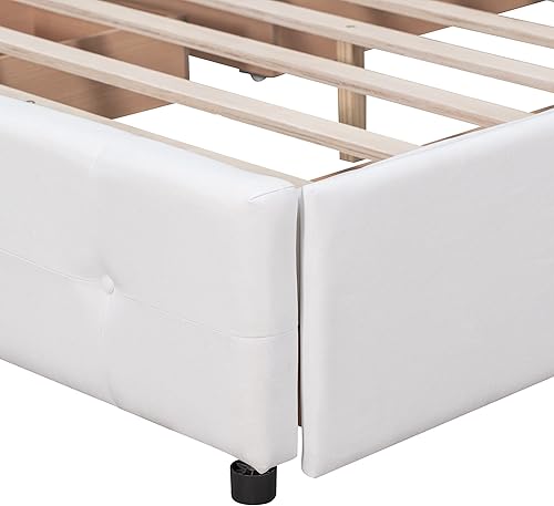 Miniatura 8 de JIVOIT Cama de plataforma de almacenamiento tamaño Queen con 4 cajones cama de plataforma tapizada de tela de lino con cabecera clásica marco de