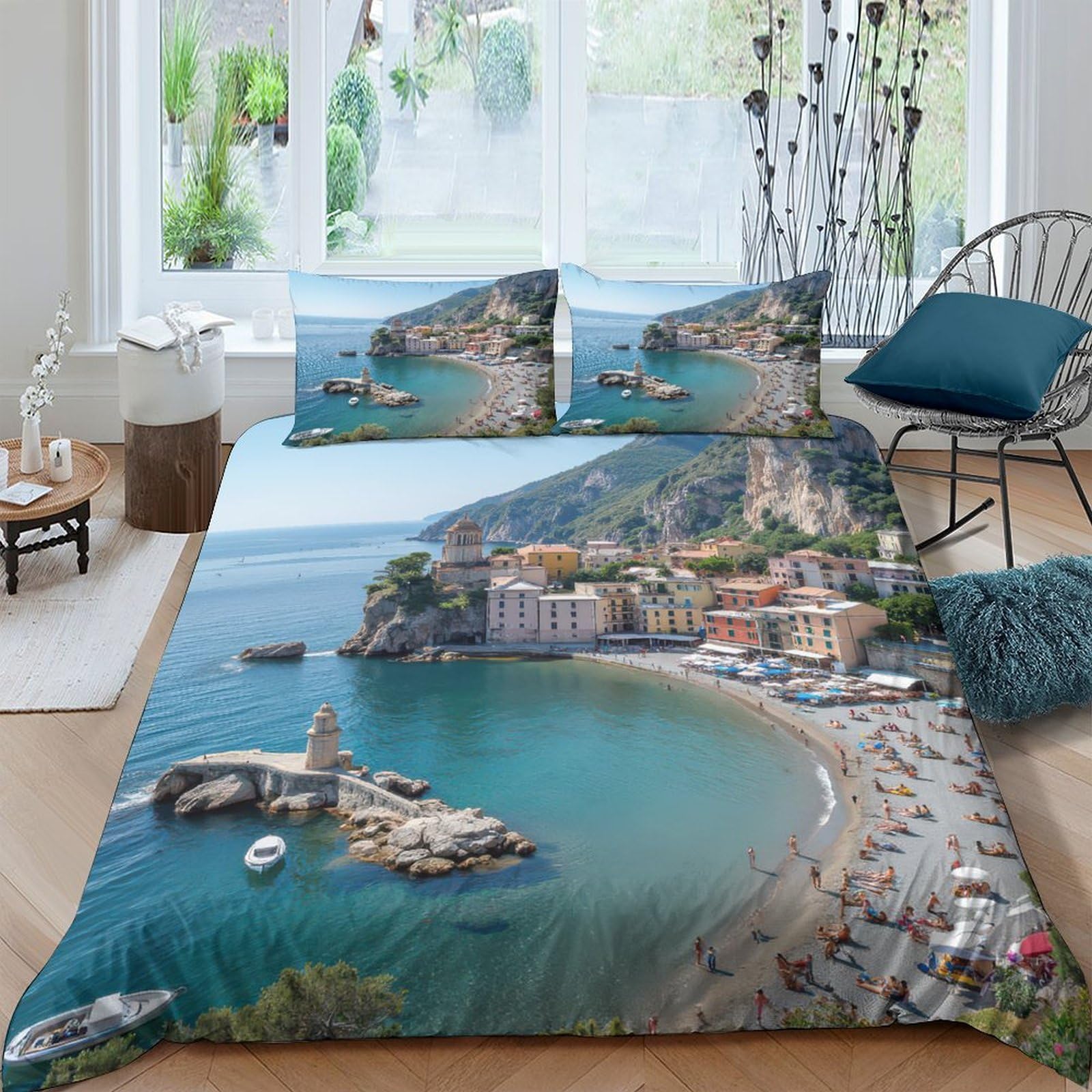 Ctjqhvkz Style-6 3D Printed Mediterranean Coast Fitted Sheet Microfiber Soft Scenic Beach Bed Cover For Bedroom Guestroom Decor Single（135X200cm）