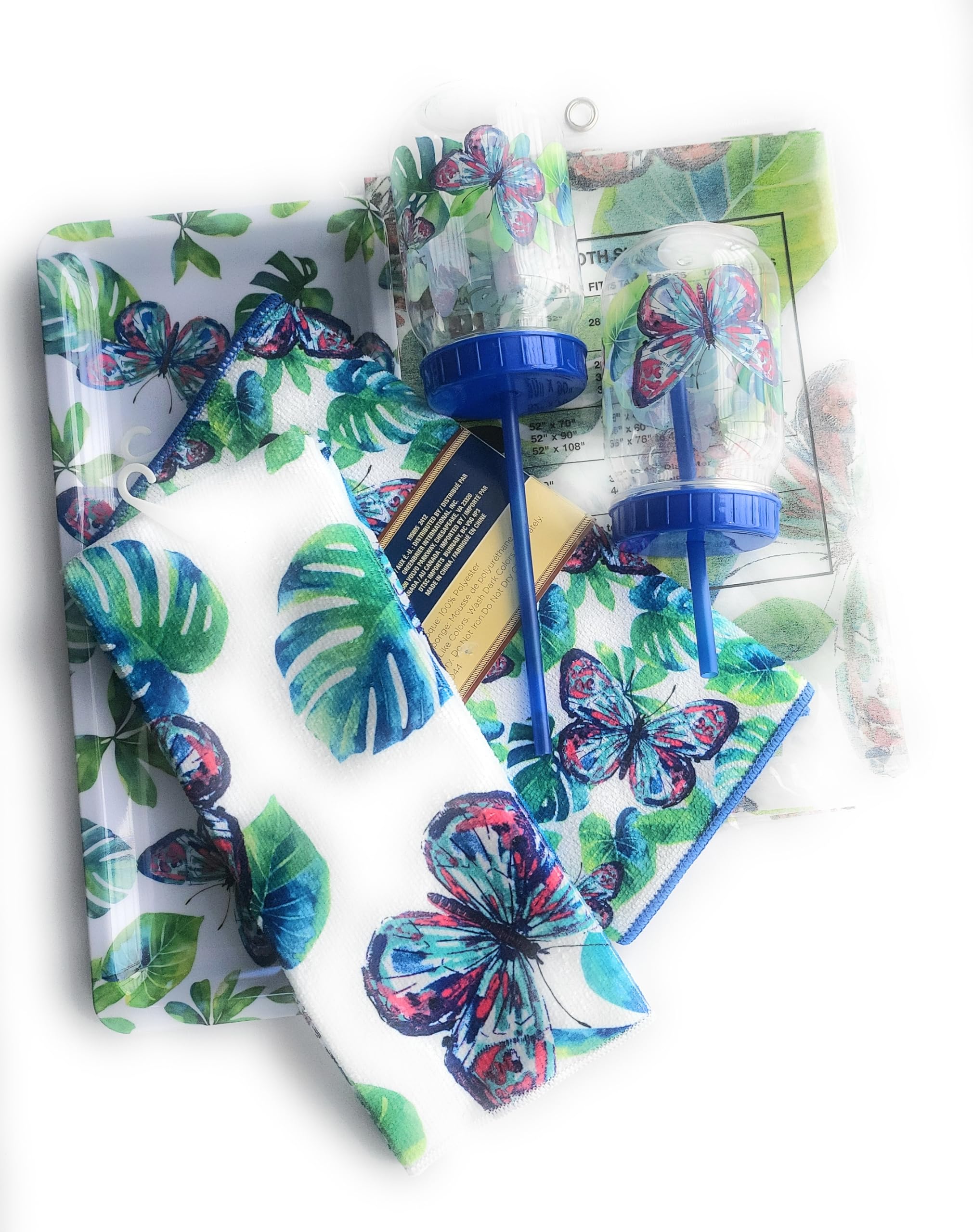 Summer Kitchen and Picnic 6 Piece Set Butterfly Print with Drink Bottles and Drying Mat