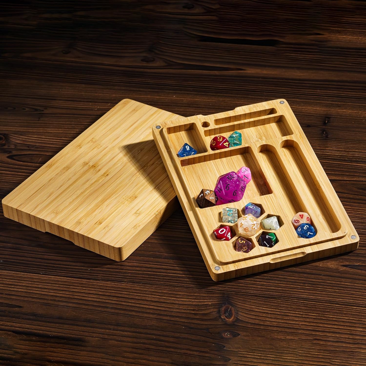 DND dice Tray 2 in 1,Bamboo Dice Box with Magnetic Lid - D&D Dice Case, Dice Tray Combined into One for RPG, Tabletop Games | Holds Multiple Sets of polyhedral dice