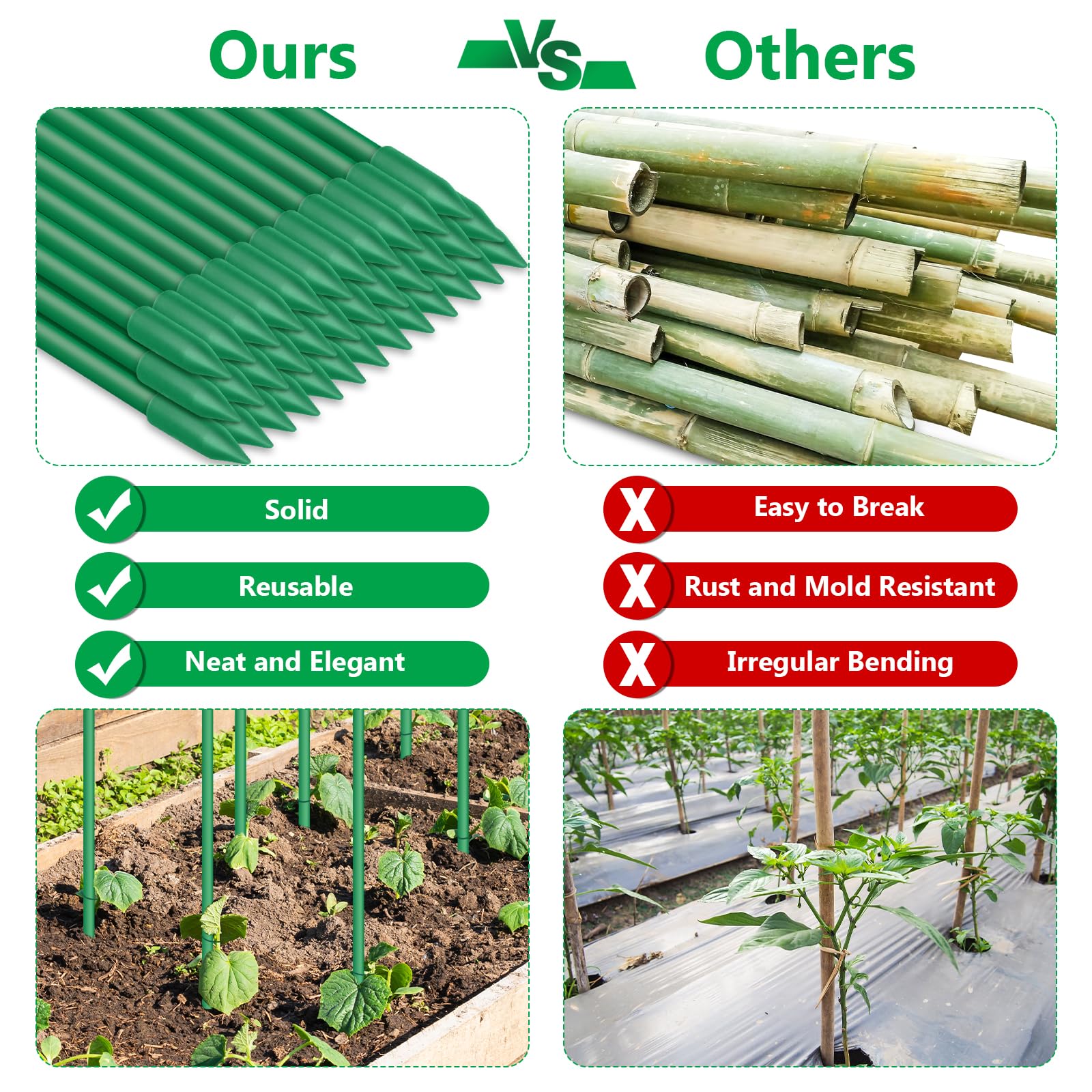 Lot de 80 piquets de jardin (40,6 cm chacun), piquets pour plantes d'intérieur robustes pour la culture de plantes grimpantes et de fleurs, piquets à tomates, piquets à orchidées et clips pour cages à
