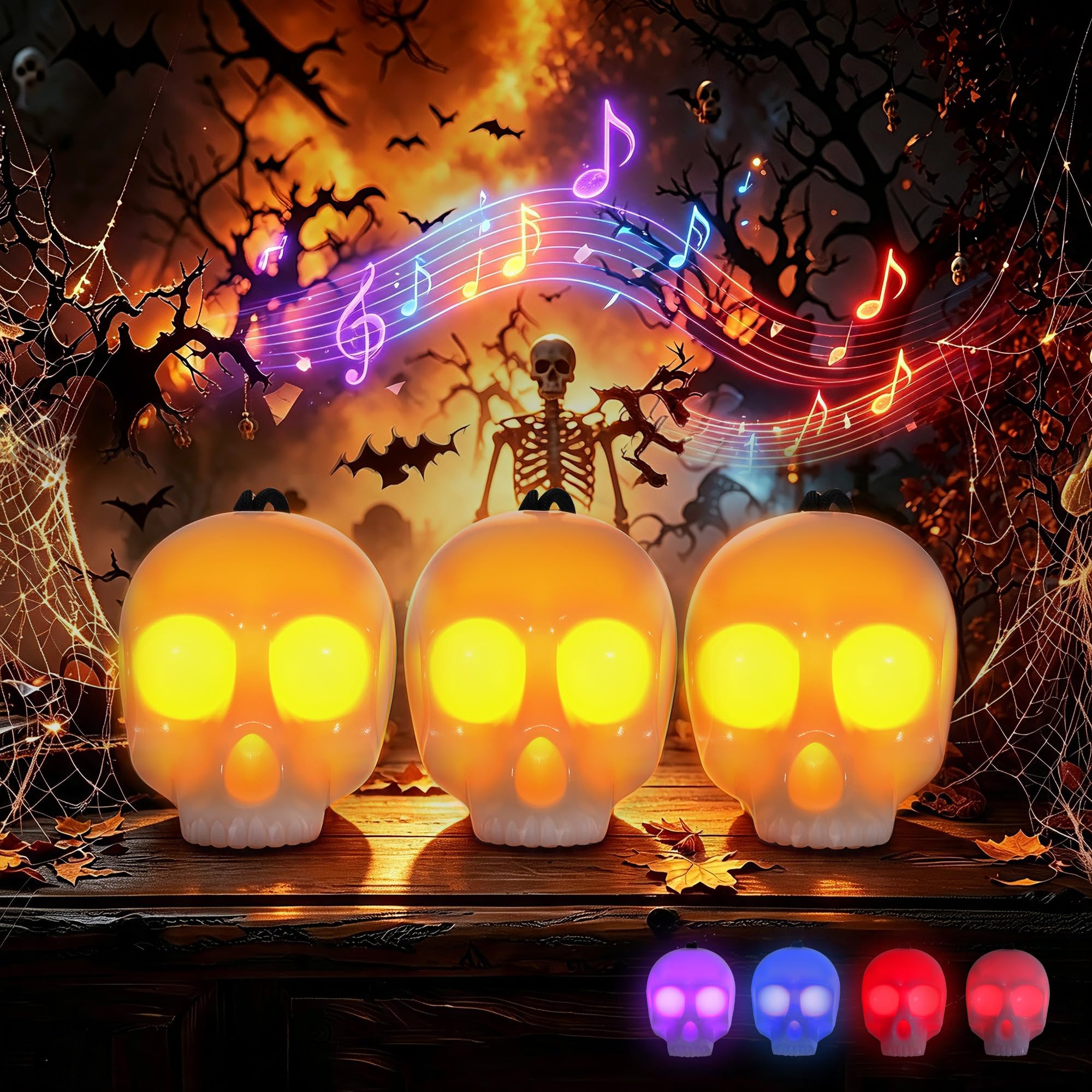 EverBrite 3-Pack Halloween Skull Light with Music, 5-Mode Led Skull Lamp