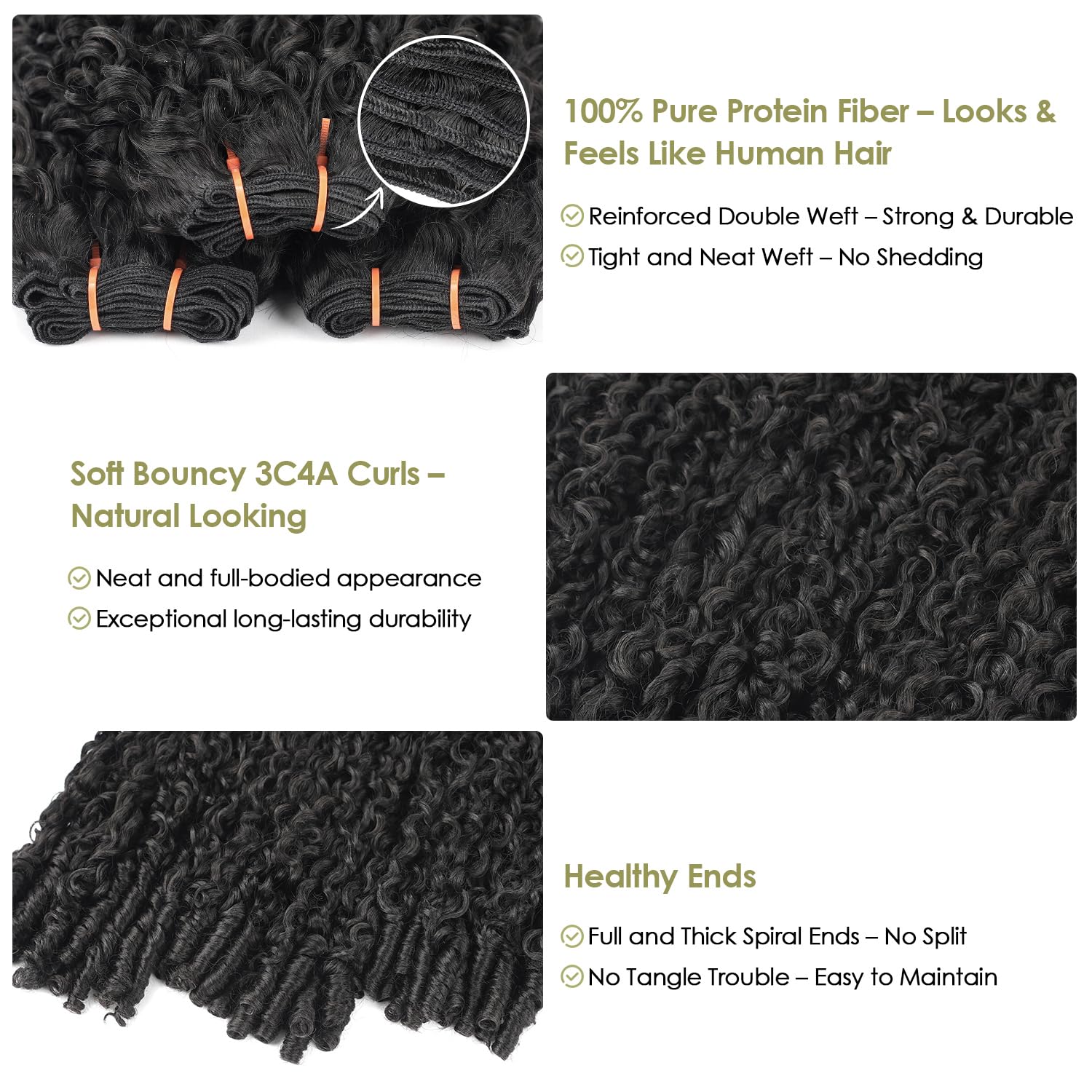 Burmese Curly Bundles 20 22 24 Inch Natural Black,100% Pure Protein Fiber Close to Virgin Human Hair, 3C4A Textured With Spiral Curls Ends, Hair Extensions for Black Women(#1B, 20 22 24)