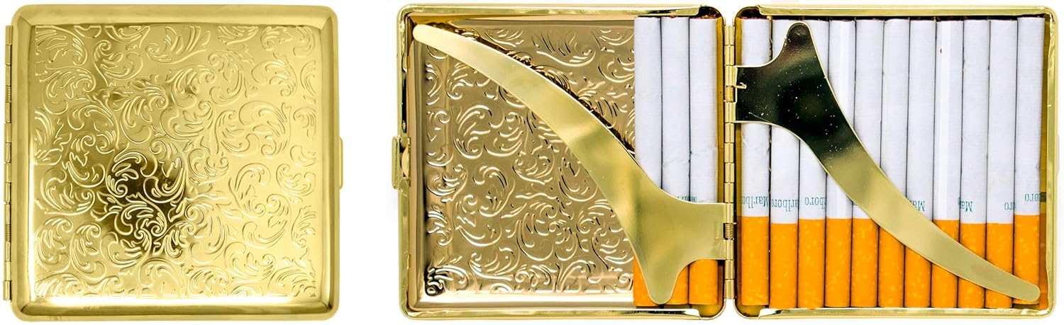 Set of 2 Metal-Plated King Size Cigarette Case & Stash Box (Gold Victorian Print)