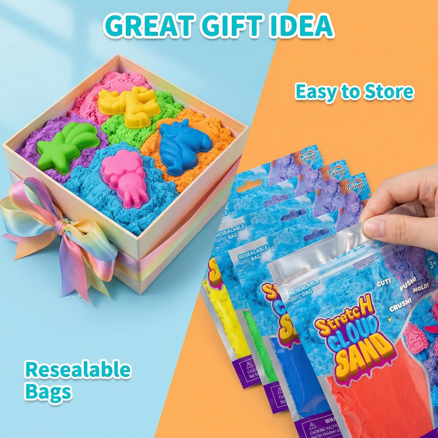 Carolart Colorful Stretchy Sand Kit, Value Pack of 10 Colored Moldable Play Sand for Kids, Bulk Refill for Sensory Bin, Sensory Toys for Molding, Travel Toys for Girls and Boys Ages 3+