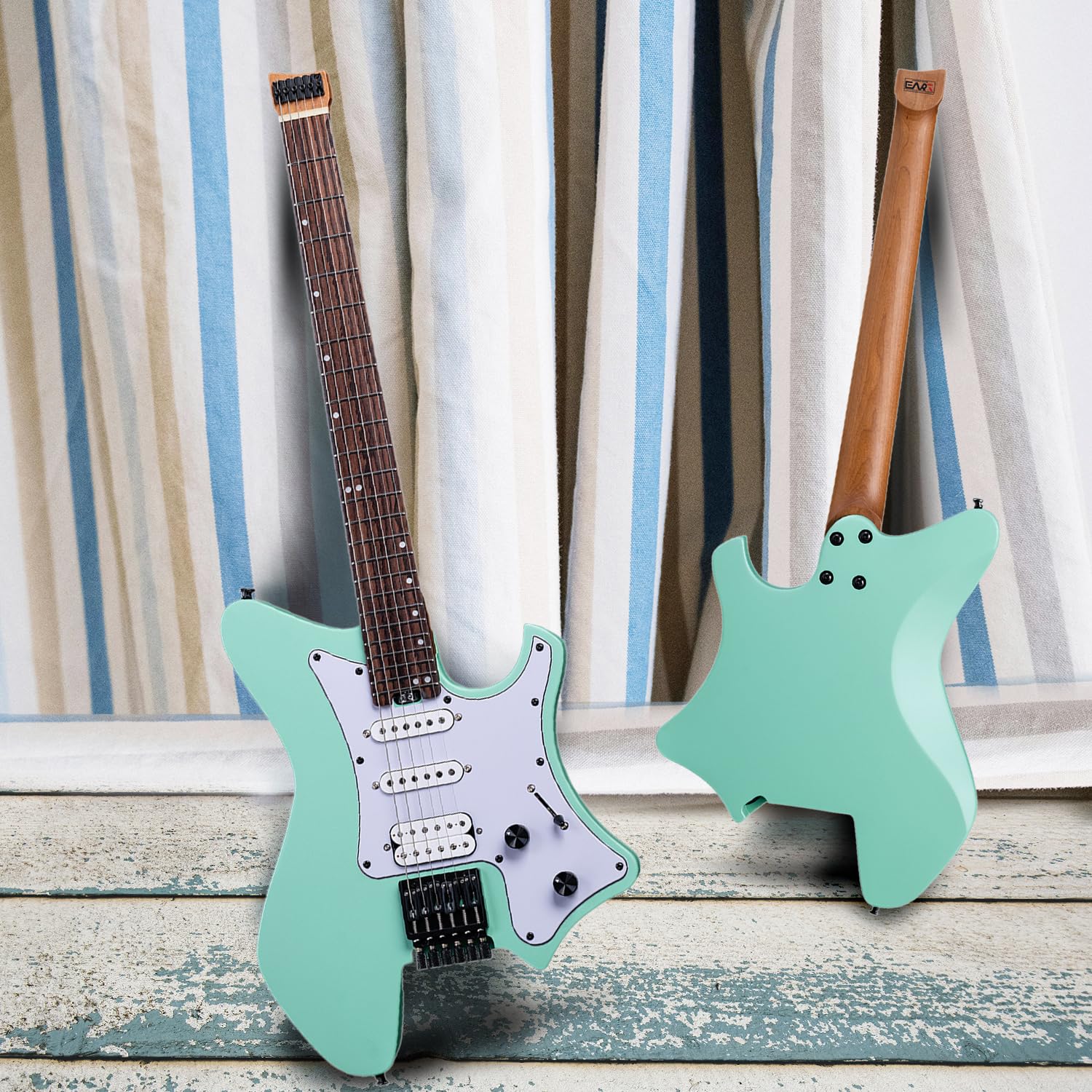 EART GW2P-SE Guitare électrique sans tête avec corps en acajou grillé et manche en érable du Canada, extrémités arrondies, frettes Medium Jumbo en acier inoxydable (Vert)