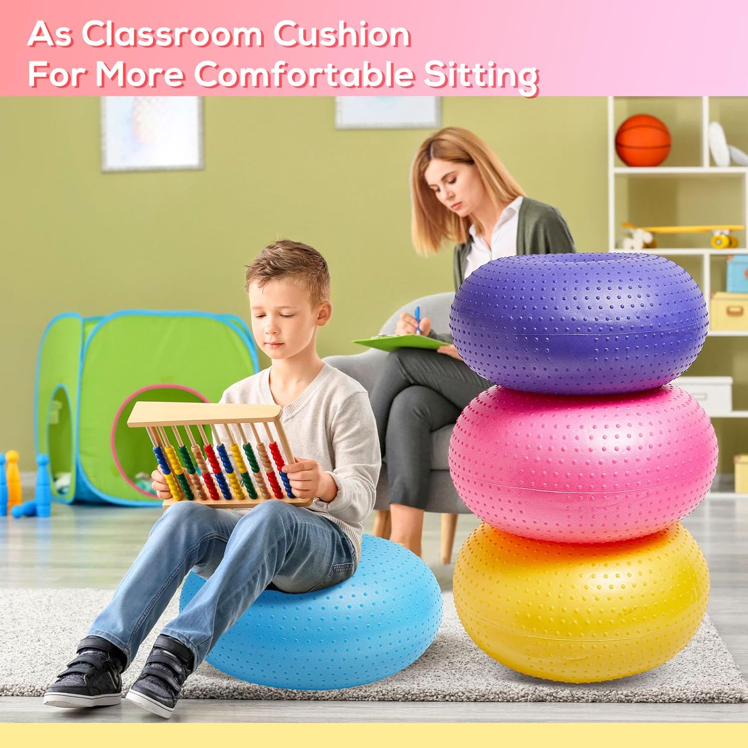 Meooeck 4 Pcs Upgraded Flexible Seating for Classroom 20 Inch Yoga Ball Chairs with Massage Point Inflatable Donut Ball Chair with Inflator for Kids Exercise Sensory Balance School Student Office