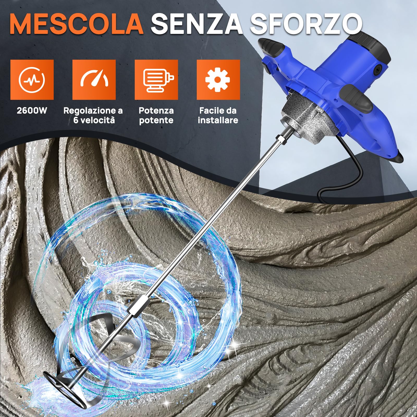Betoniera Elettrica per Trapano, Miscelatore Cemento e Malta, Miscelatore per Malta Portatile da 2600W, Agitatore M14 Regolabile, per Miscelazione di Vernice, Liquame di Cemento, Calcestruzzo, Malta
