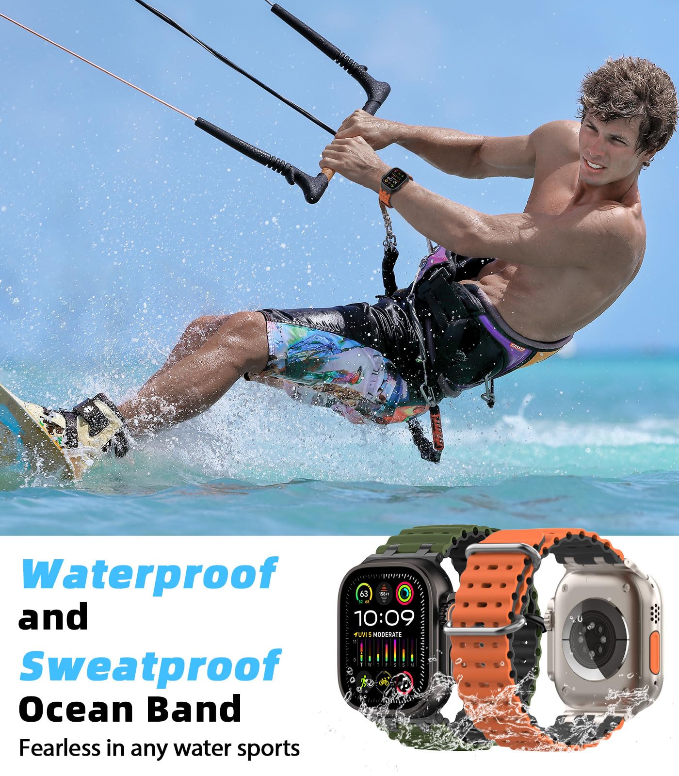 MoKo Cinturino Ocean Compatibile con Apple Watch Ultra 3/2/1 49 mm, S11/S10 46 mm, 9/8/7 45 mm, SE3/SE2/SE/6/5/4 44 mm, 3/2/1 42 mm, Cinturino Sportivo in Silicone Traspirante