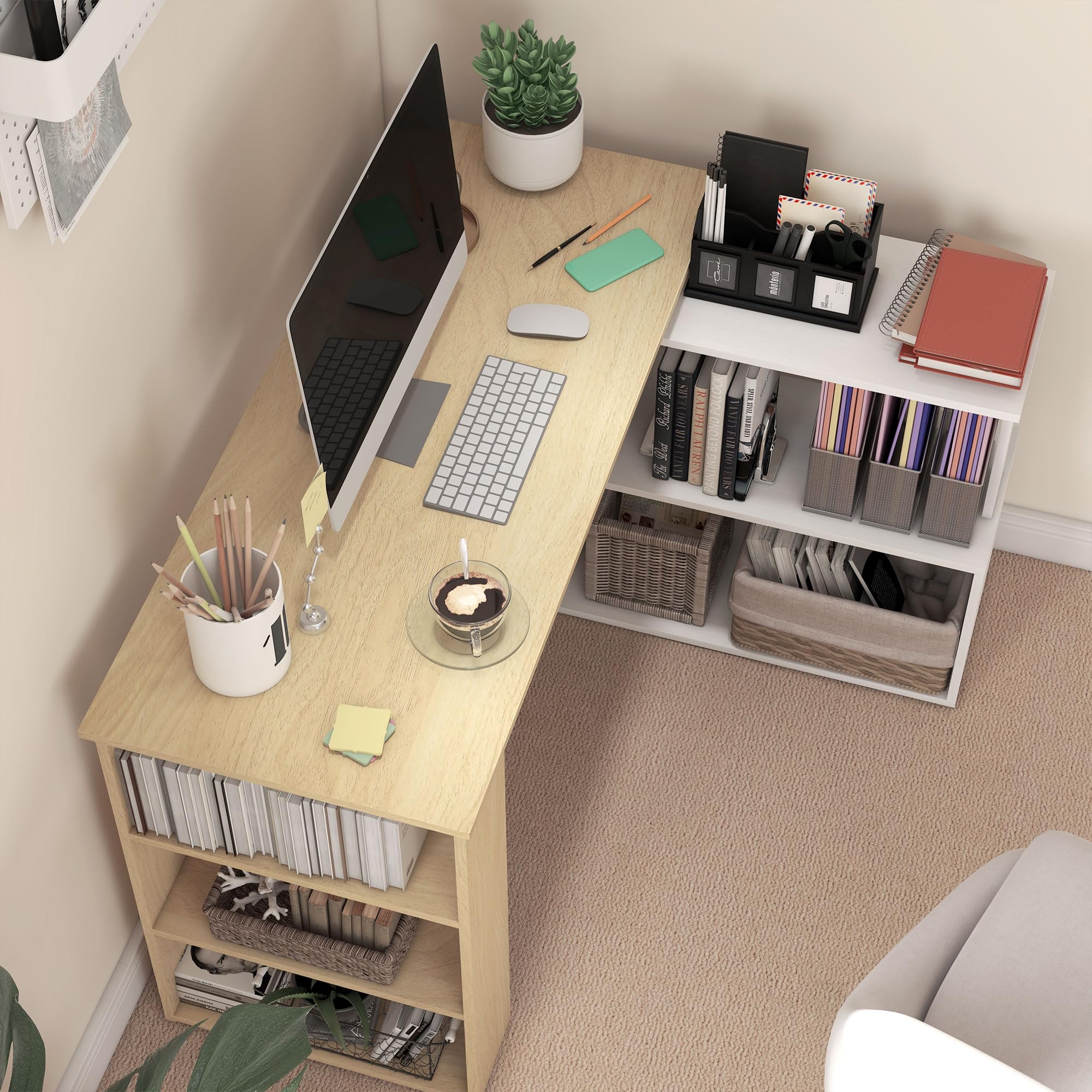 HOMCOM Escritorio Esquinero Giratorio en L 120x110 cm Natural y Blanco | Mesa de Escritorio con Estantes, para Oficina en Casa, Estudio, Hogar