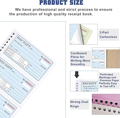 Miniatura 6 de Libro grande de recibos de dinero y alquiler con inserto de cartón, 2 partes sin carbono, 7.9 x 11.2 pulgadas, encuadernado en espiral, 200 juegos