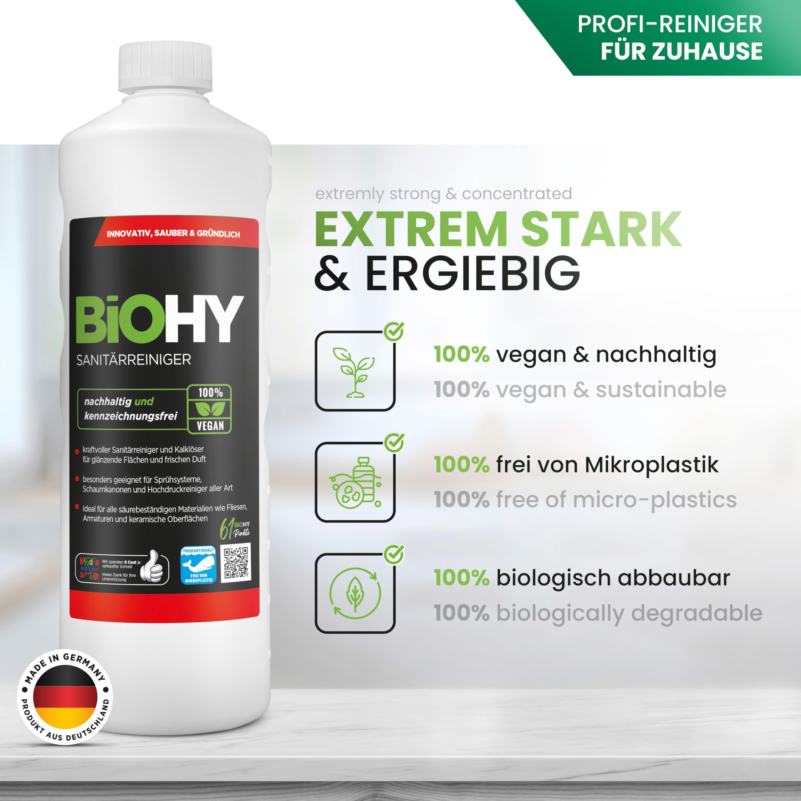 BiOHY Detergente per bagno (Lattina da 6 Litri) + flacone spray e rubinetto | Concentrato decalcificante per ambienti sanitari | profumo gradevole e fresco | EXTRA FORTE (Sanitärreiniger)