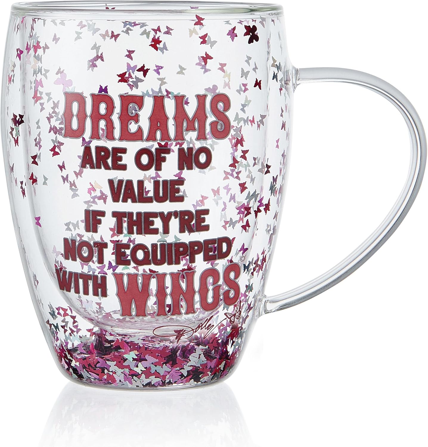 Dolly Parton Set of 2 Double Walled Butterfly Confetti Glass Coffee Tea Mugs Uplifting Sayings Large Handle Gift Box Included, 11.5 Ounce