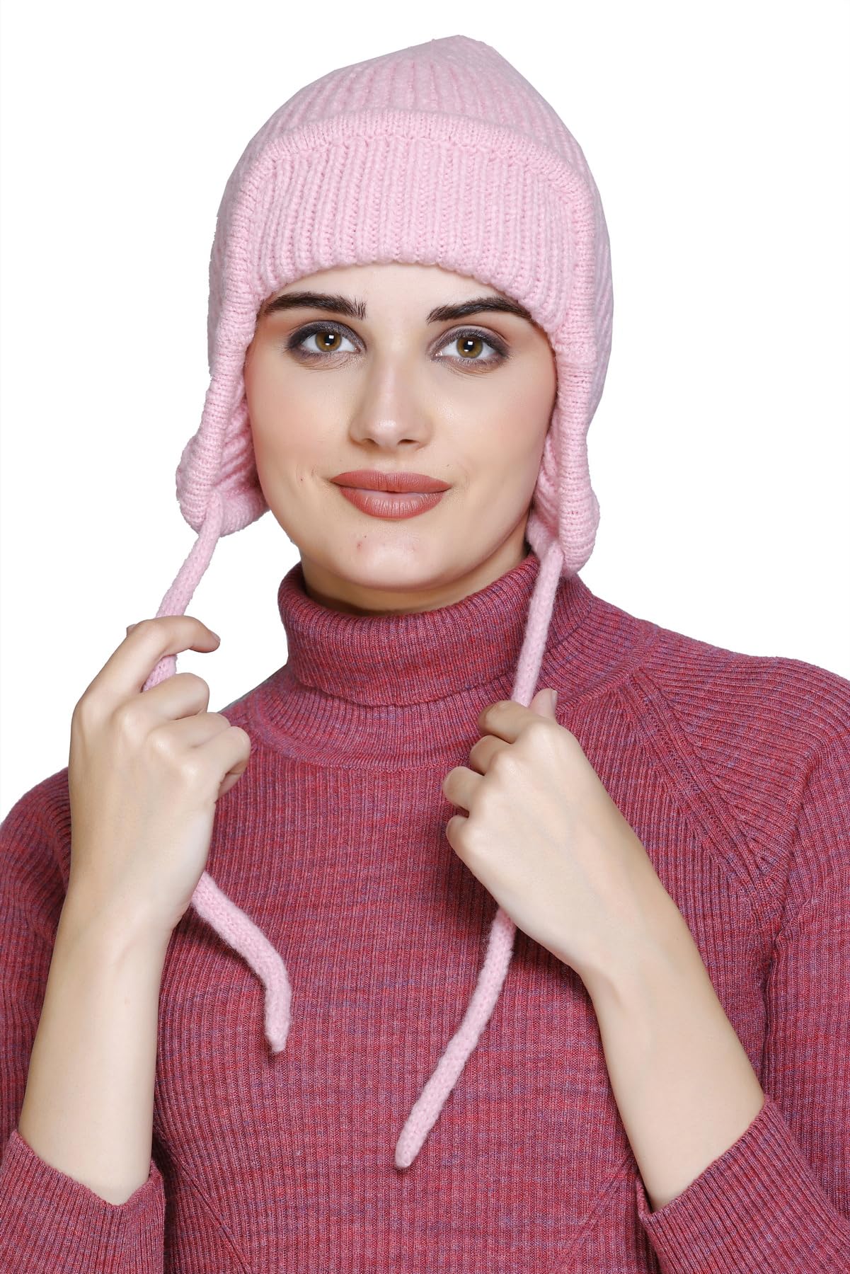 Girls Women Acrylic Wool Ear Flap Knitted Self Design Soft Warm Winter Wear Visor Stylish Beanie Cap with Side Tails Pink-image-41