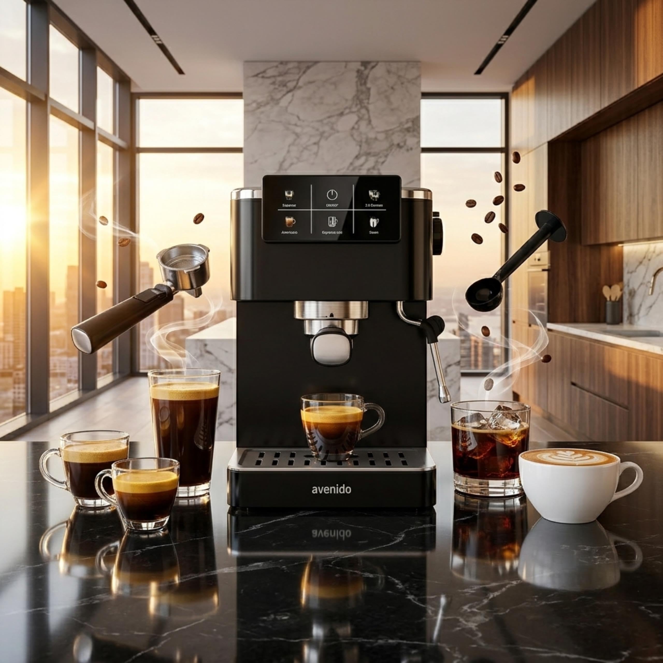 Ekspres do kawy ciśnieniowy, 20 bar, kolbowy do kawy mielonej, system spieniania mleka, 5 programów, espresso, podwójne, amerciano, espresso cool, spienianie mleka, 2 sitka, czarny