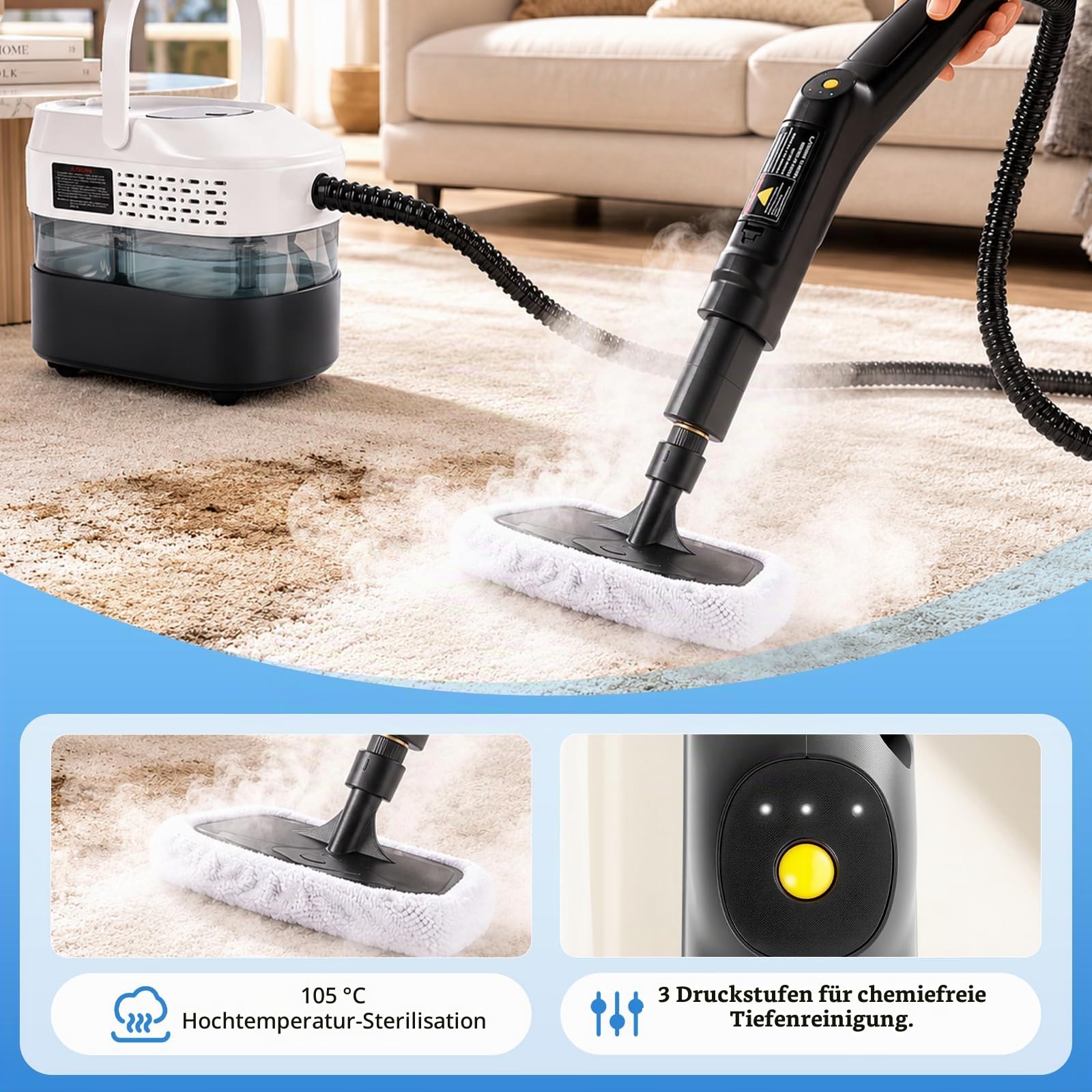 RUIZHI Dampfreiniger Handgerät mit 18 Zubehör, 1.6L Steam Cleaner, Dampfdruck 3Bar, Aufheizzeit 10s, Handdampfreiniger für Alles Boden Reinigung, Fenstern, Sofas, Fugen, Auto