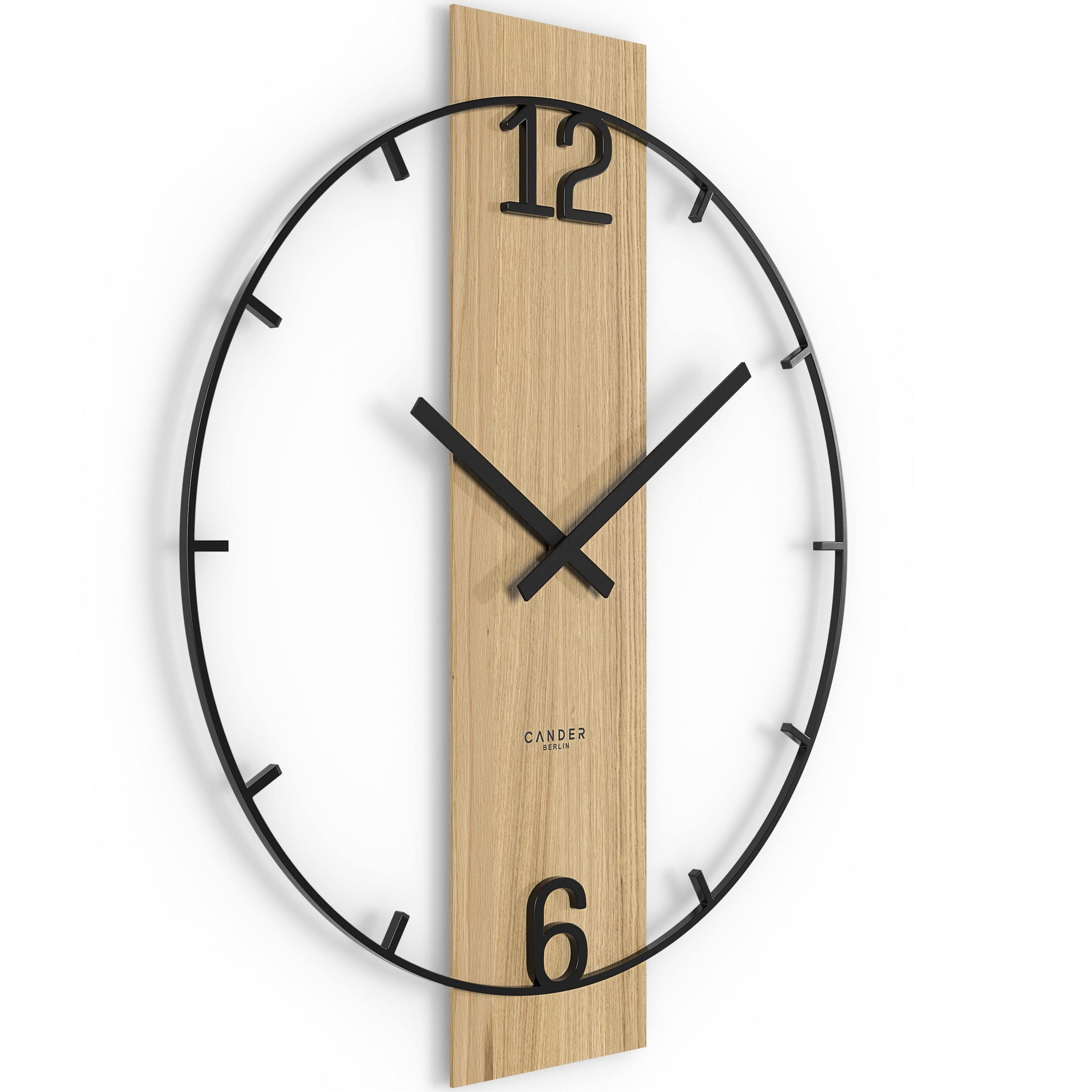 Cander Berlin Einar XXL Vintage Wanduhr lautlos 50 cm Metall Holz Eiche-Furnier ohne Ticken groß modern schwarz Wohnzimmer Küche