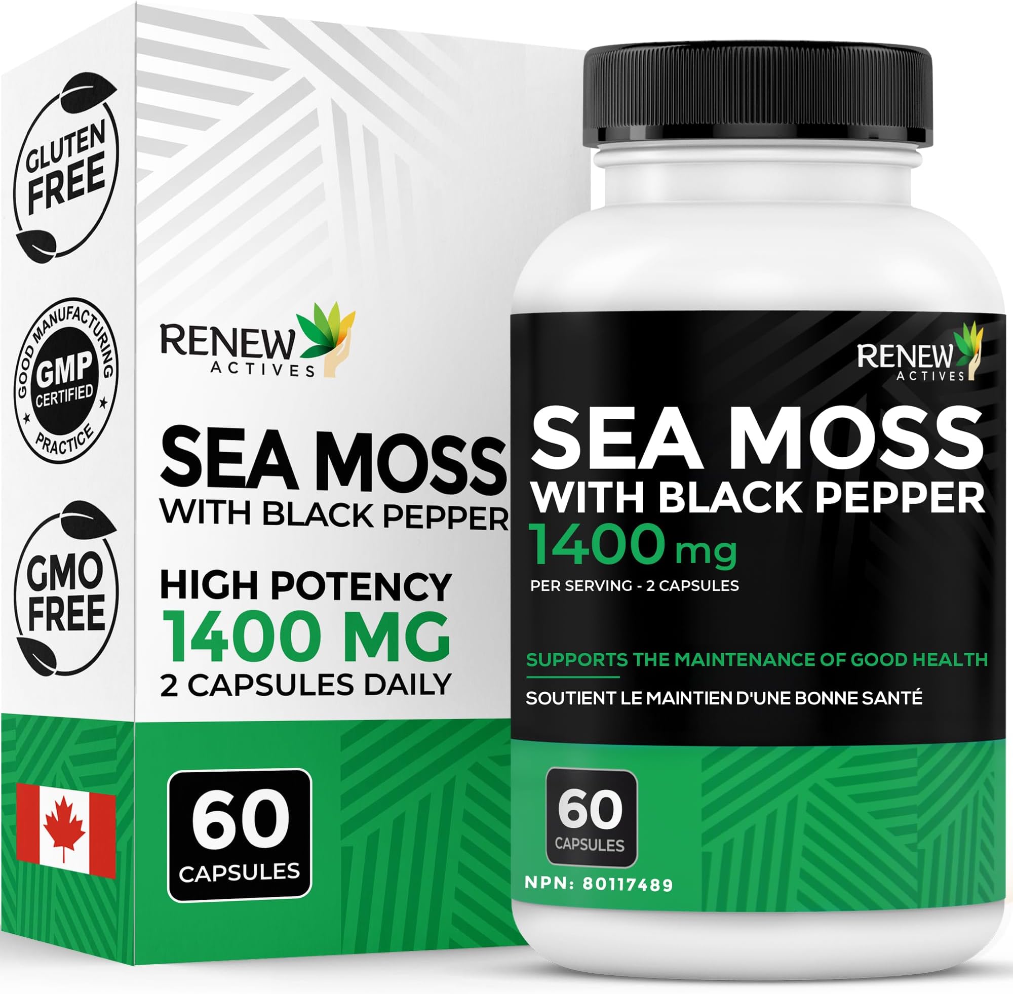 Renew Actives Sea Moss Capsules - Powerful Triple-Action Antioxidant Seamoss Pills with BioPerine® for Max Absorption, Organic Irish Sea Moss Capsules, Bladderwrack & Burdock. 60 Count