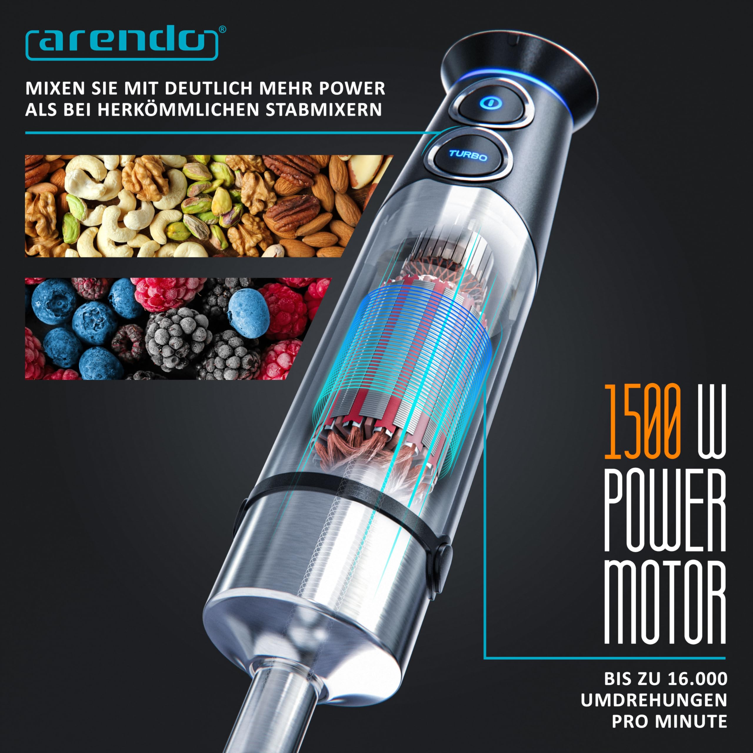 Arendo - Stabmixer Edelstahl - elektrischer Pürierstab 1500 Watt - - stufenlose Geschwindigkeit - Turbotaste - Rührstab für Babynahrung, Suppe, Smoothies, Püree, Saucen