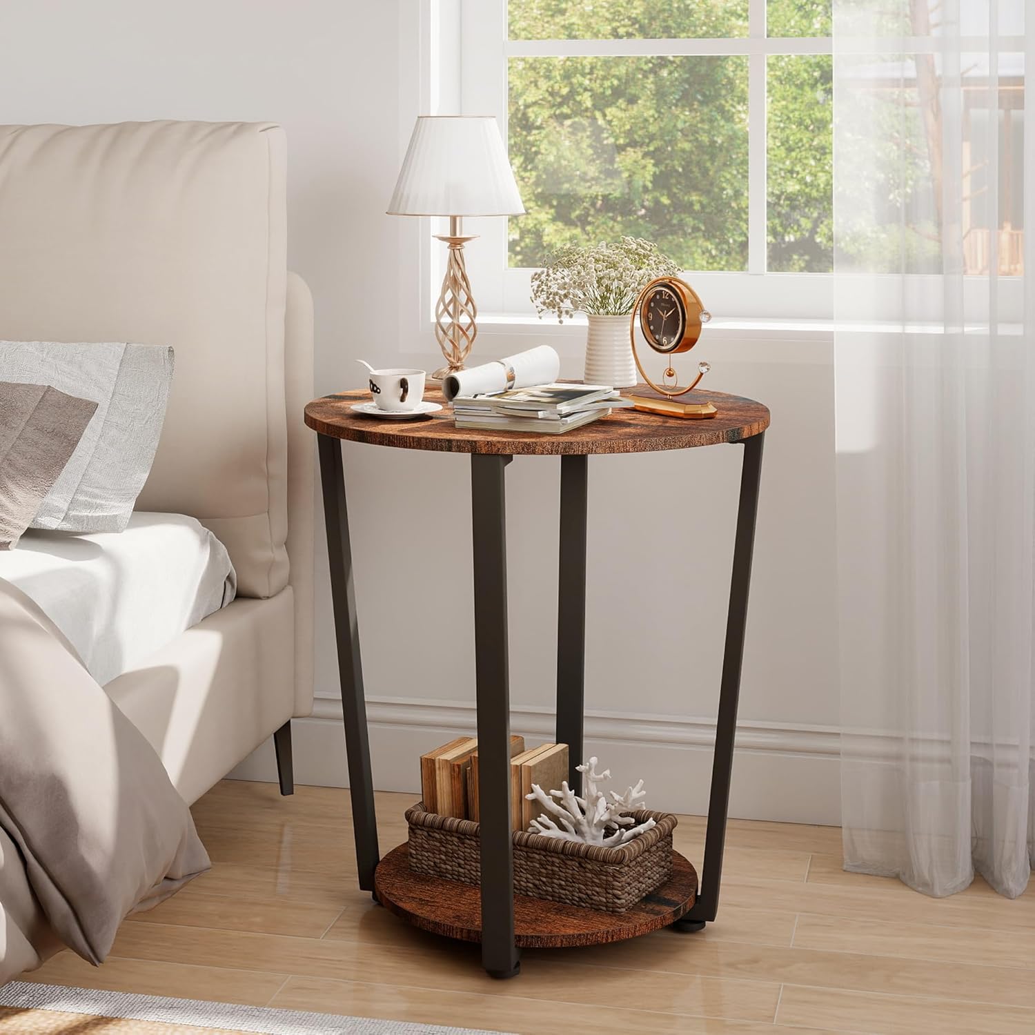 Round End Table, 2-Tier Storage Side Table with Metal Legs, Industrial Wood Accent Table for Living Room Bedroom, Small Space Nightstand with Open Shelf, Rustic Brown