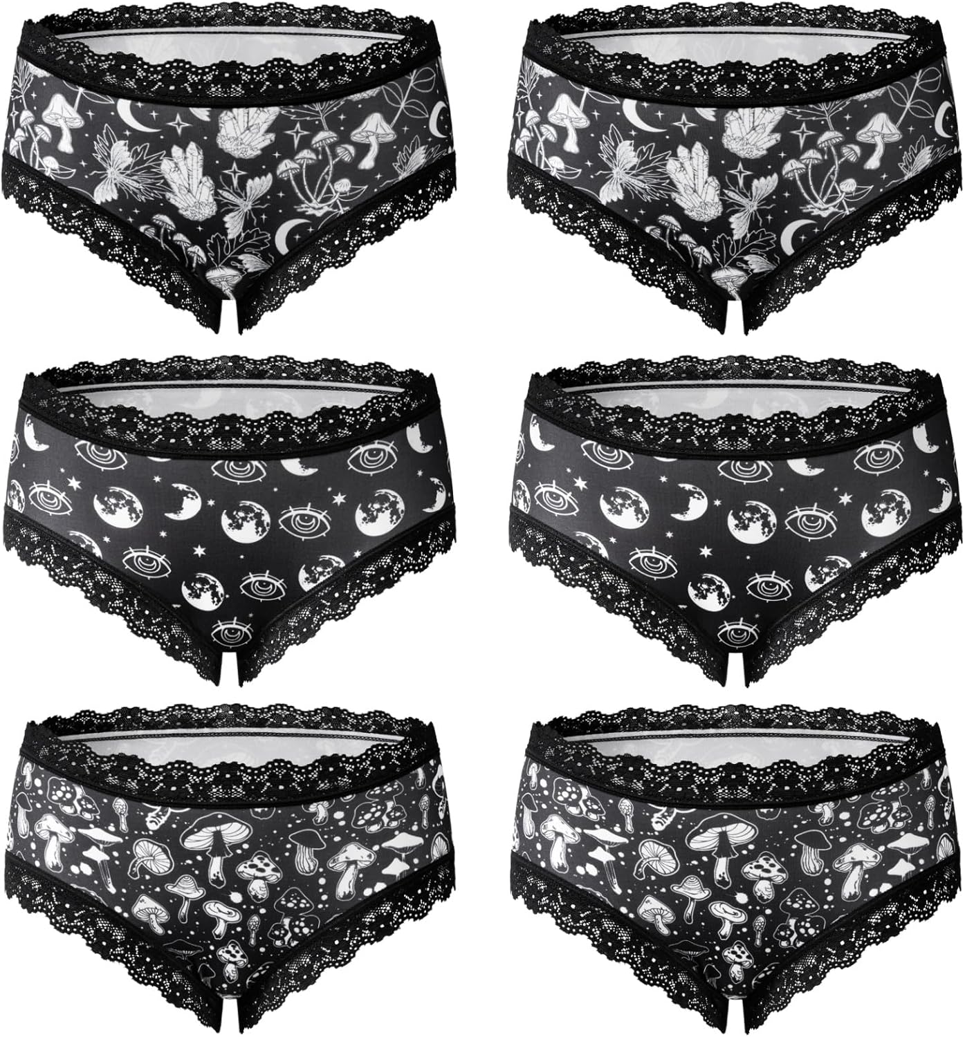 Women's Gothic Lace Hipster Panties 5~6Pack:Moon Eyes Mystical Print,Black Low Rise Bikini Soft Comfy Sexy Underwear - Image 9