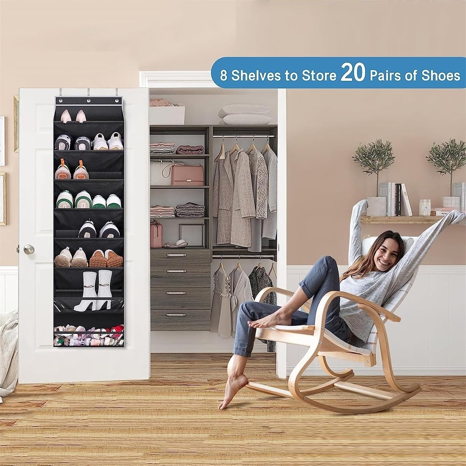 Over The Door Shoes Organizer Deep Pockets Hanging Shelf Shoes Rack Storage Wall Mounted Shoes Organizer for Narrow Shoes Rack for Door Hanging Boots Storage