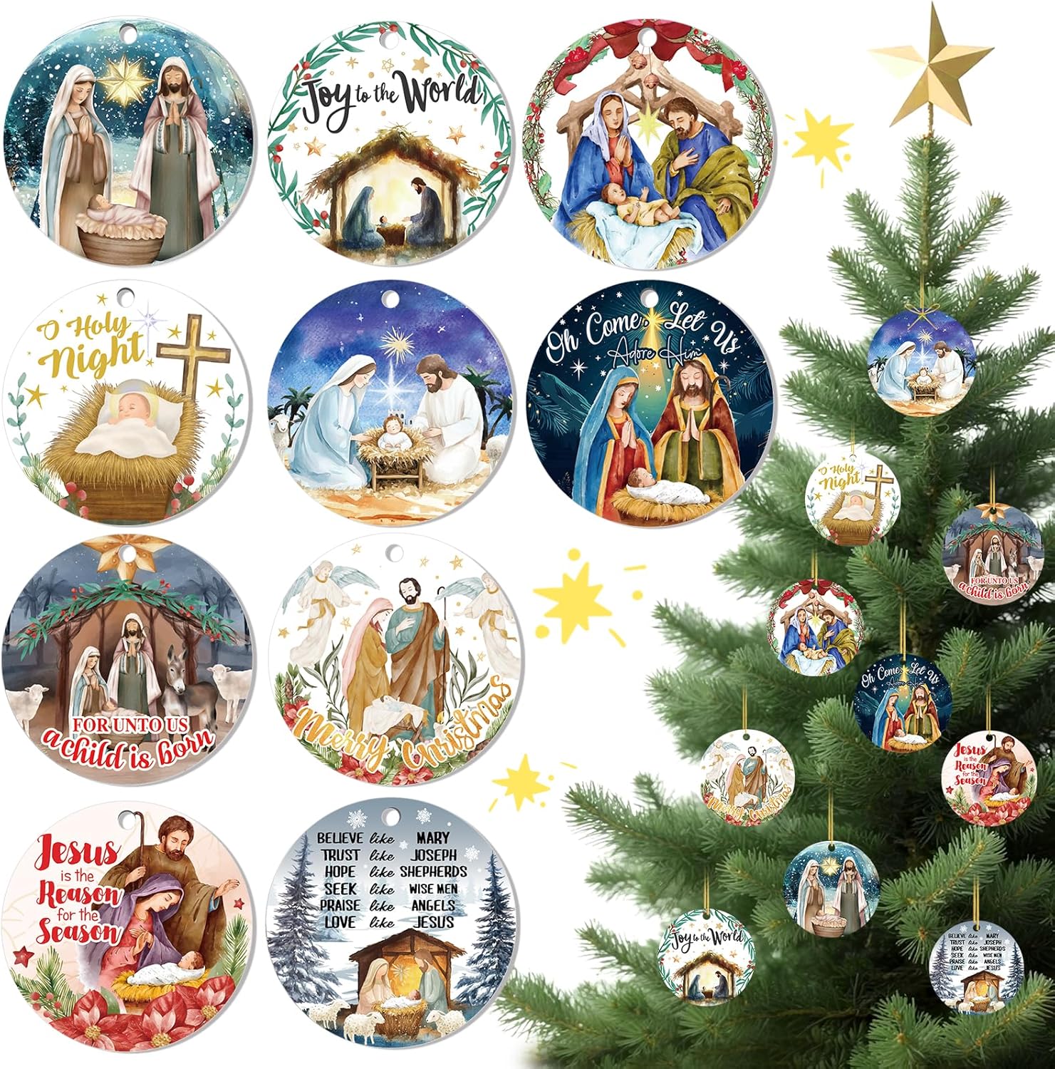HOWAF Nativity Scene Ornaments for Christmas Tree, Christmas Nativity Scene Ornaments Gifts Bulk, Religious Catholic Gifts Birth of Jesus Christian Ornament