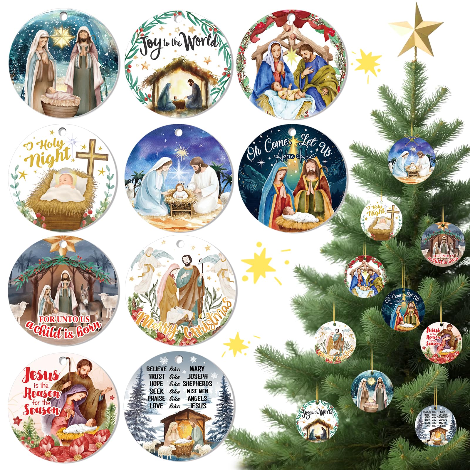HOWAF 10PCS Nativity Scene Ornaments, Religious Christmas Ornaments for Xmas Tree Decorations, O Holy Night Hanging Ornament for Christian Xmas Holiday Party Gifts, Jesus Born Plaque Keepsake, Acrylic