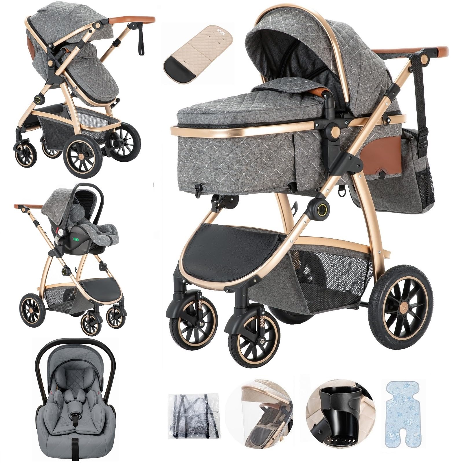 Lnhcrbs Travel Systems in Prams with Car Seat,Travel Stroller Features  an Adjustable Push Handle Height and The Front Wheels of The Compact