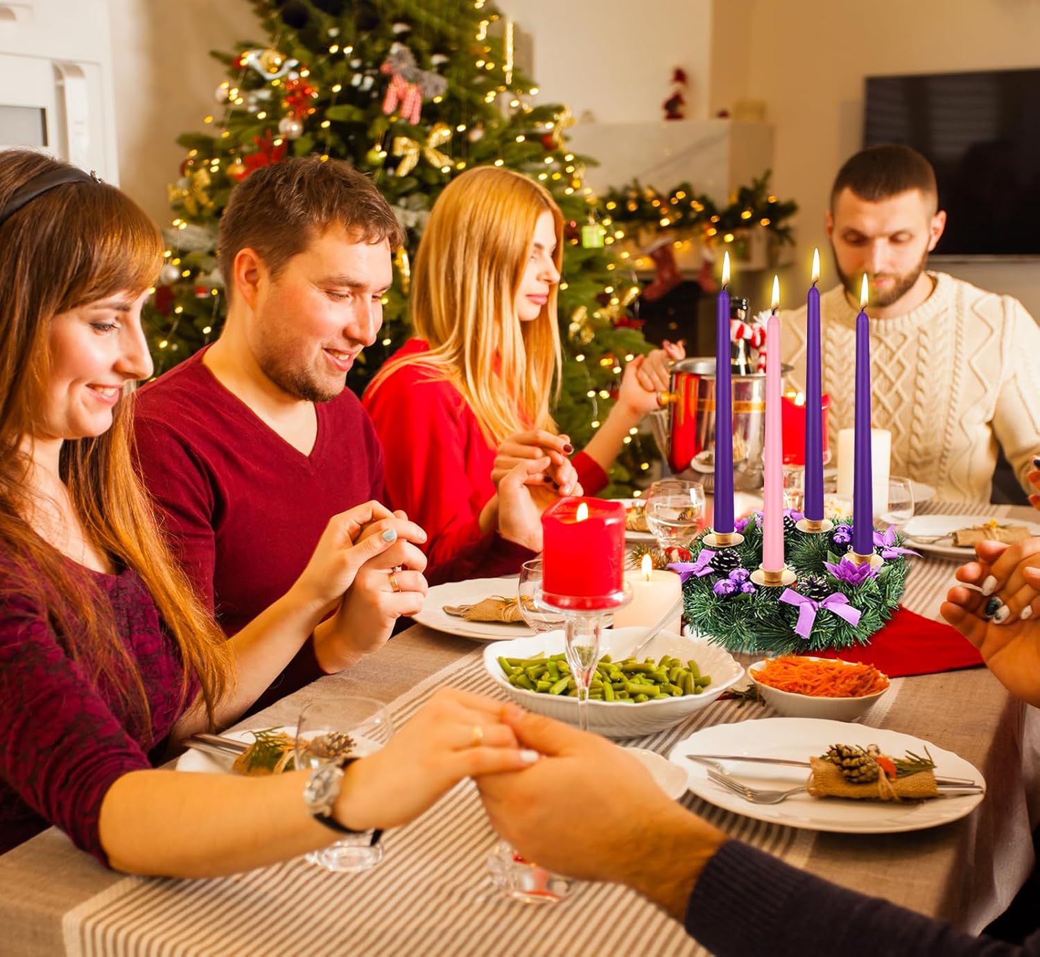 Christmas Product | 4 Pack Advent Candle Set, 3 Purple and 1 Pink Taper Candles, 10 Inch Smokless and Dripless Candlesticks Bulk for Advent Christmas Seasonal Celebration